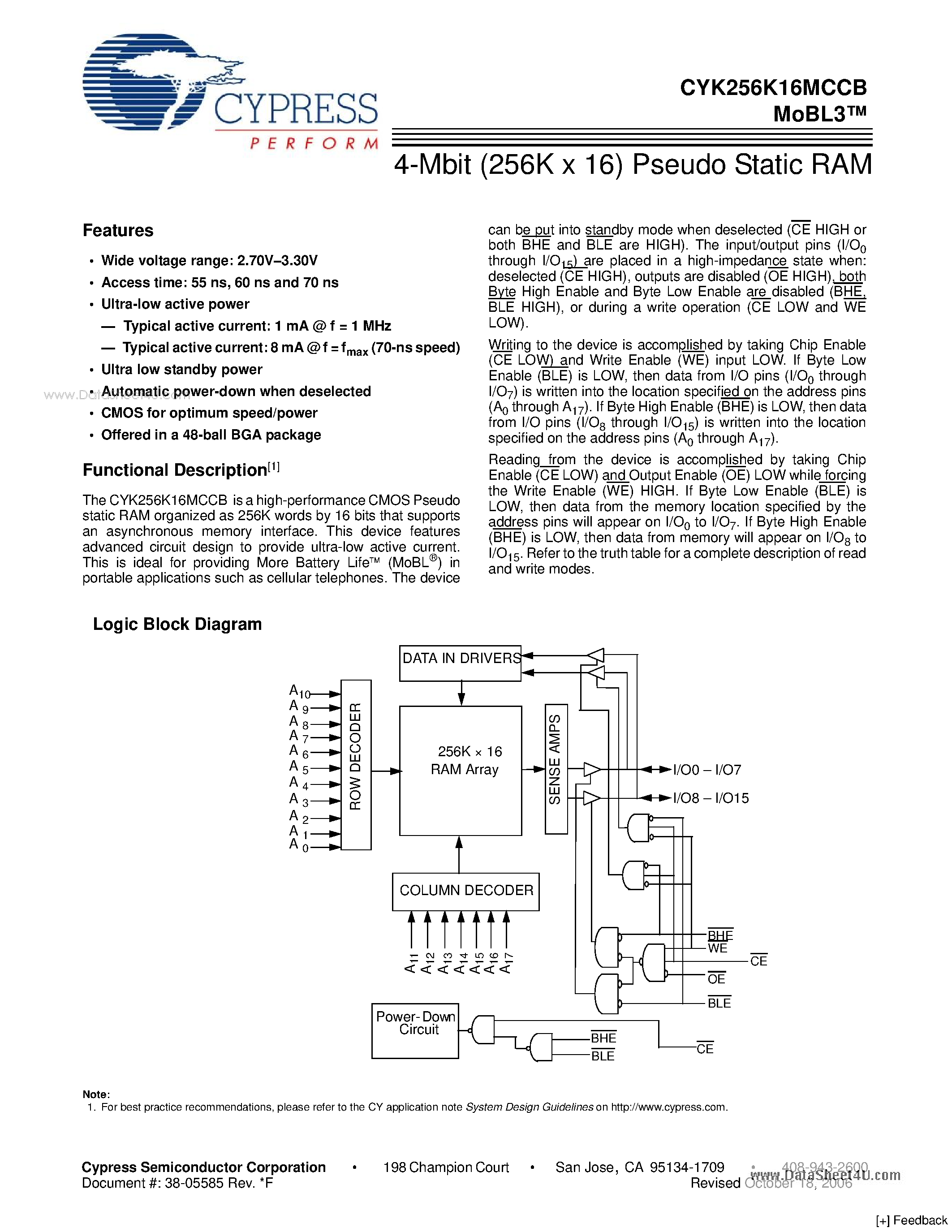 Datasheet CYK256K16MCCB page 1 Datasheet CYK256K16MCCB - 4-Mbit (256K x 16) Pseudo Static RAM page 1