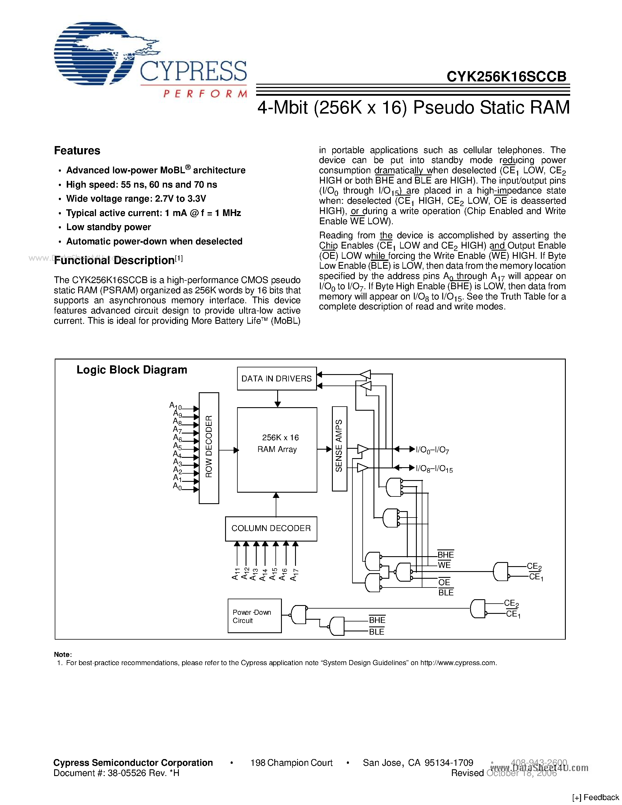 Datasheet CYK256K16SCCB page 1 Datasheet CYK256K16SCCB - 4-Mbit (256K x 16) Pseudo Static RAM page 1