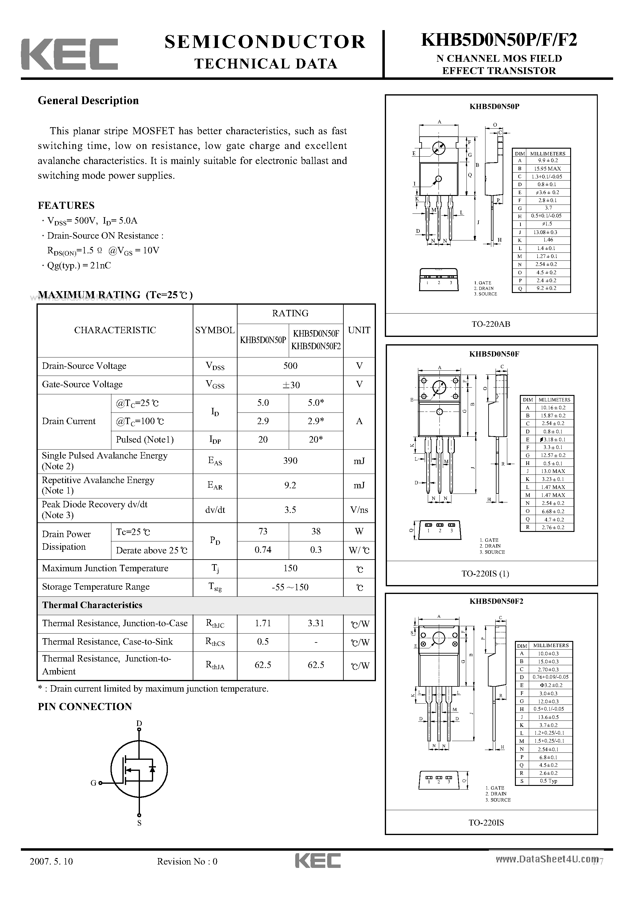 Datasheet KHB5D0N50F - N CHANNEL MOS FIELD EFFECT TRANSISTOR page 1