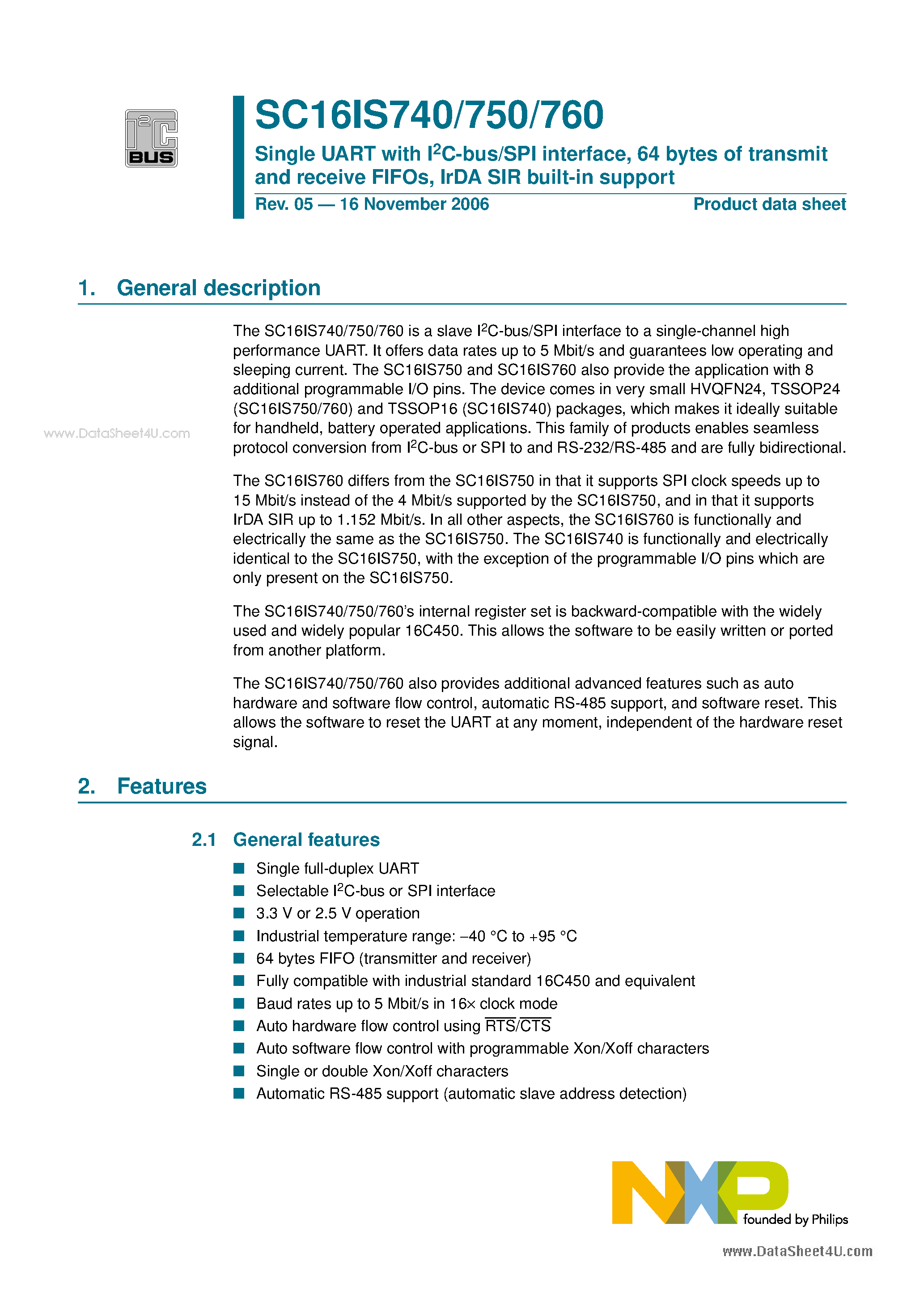 Datasheet SC16IS740 - Single UART with I2C-bus/SPI interface page 1