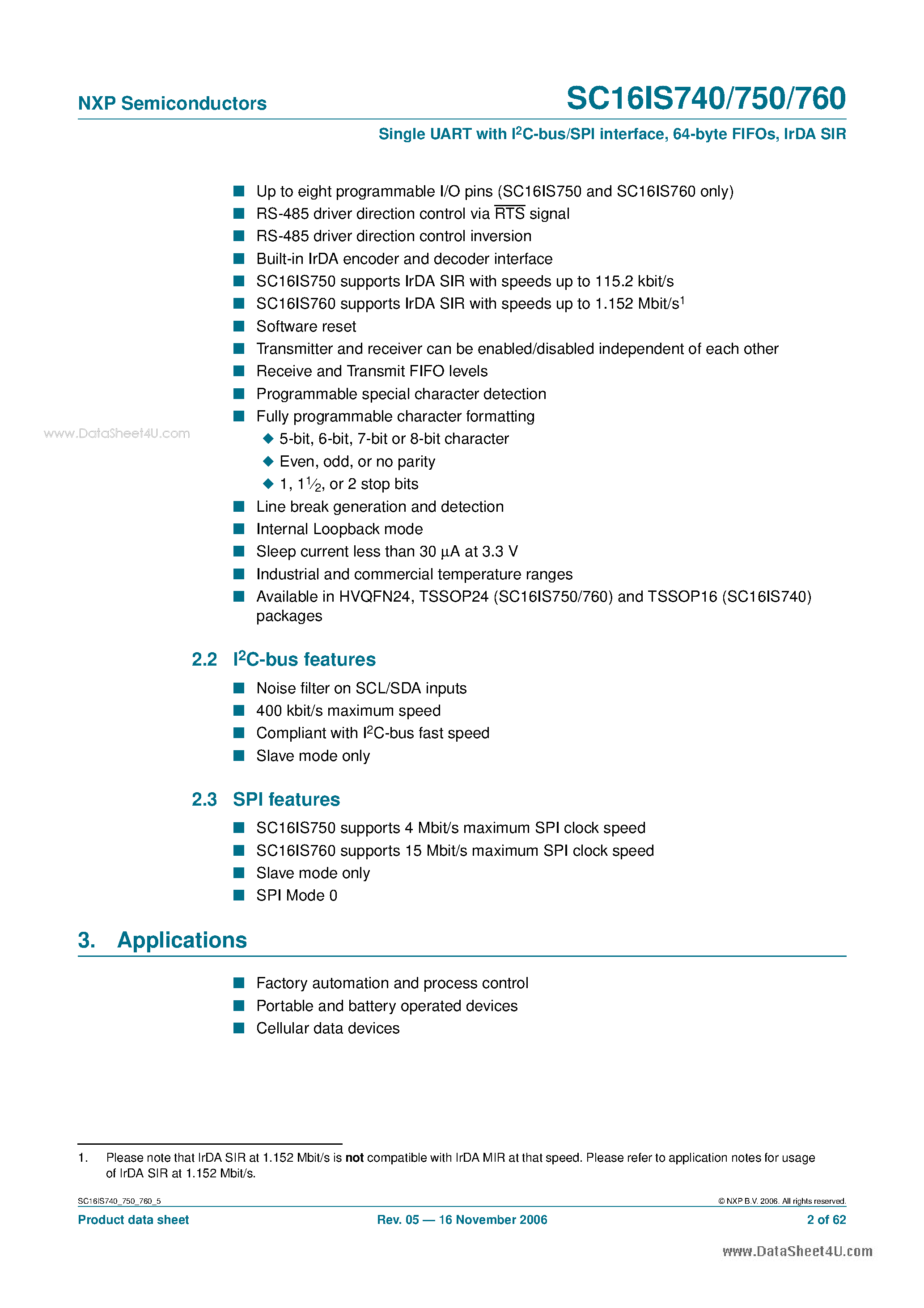 Datasheet SC16IS740 - Single UART with I2C-bus/SPI interface page 2