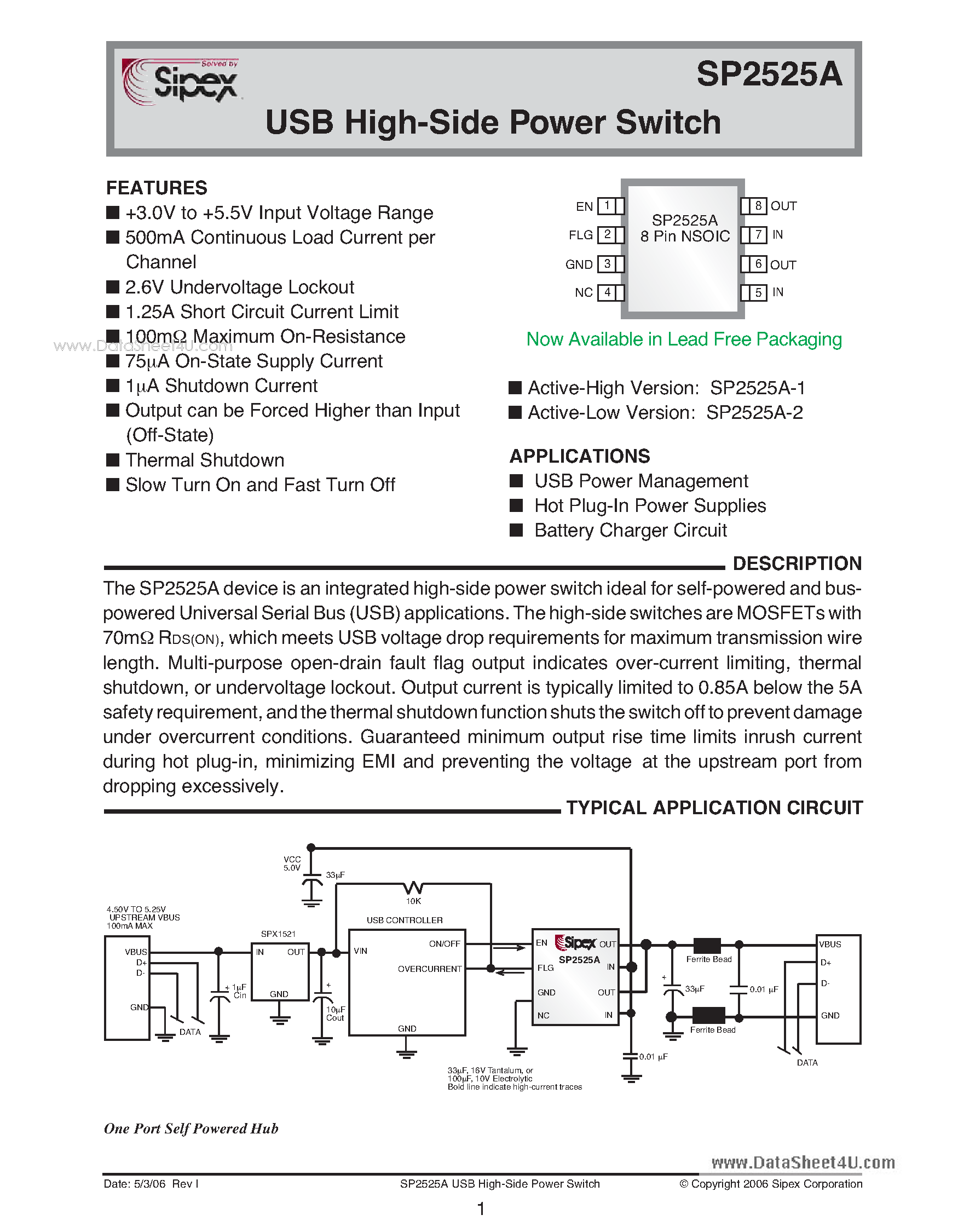 Datasheet SP2525A - USB High-Side Power Switch page 1