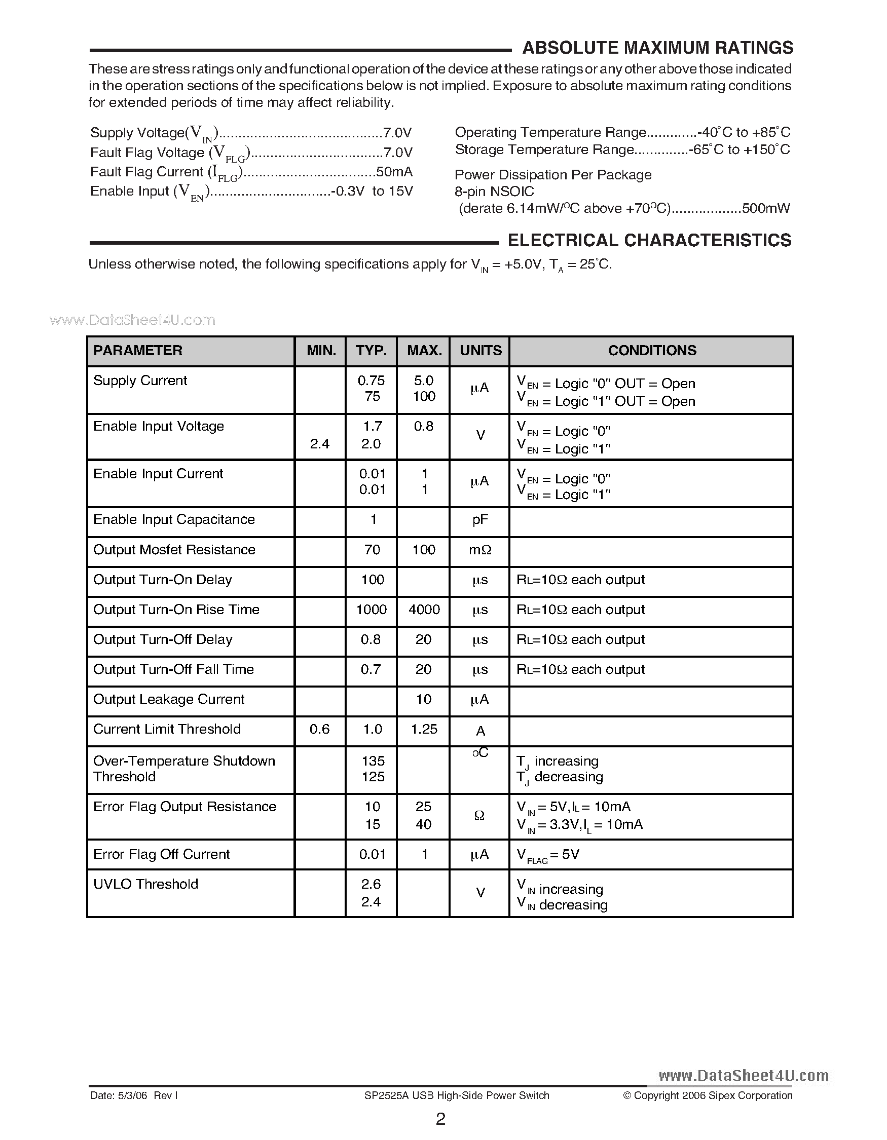 Datasheet SP2525A - USB High-Side Power Switch page 2