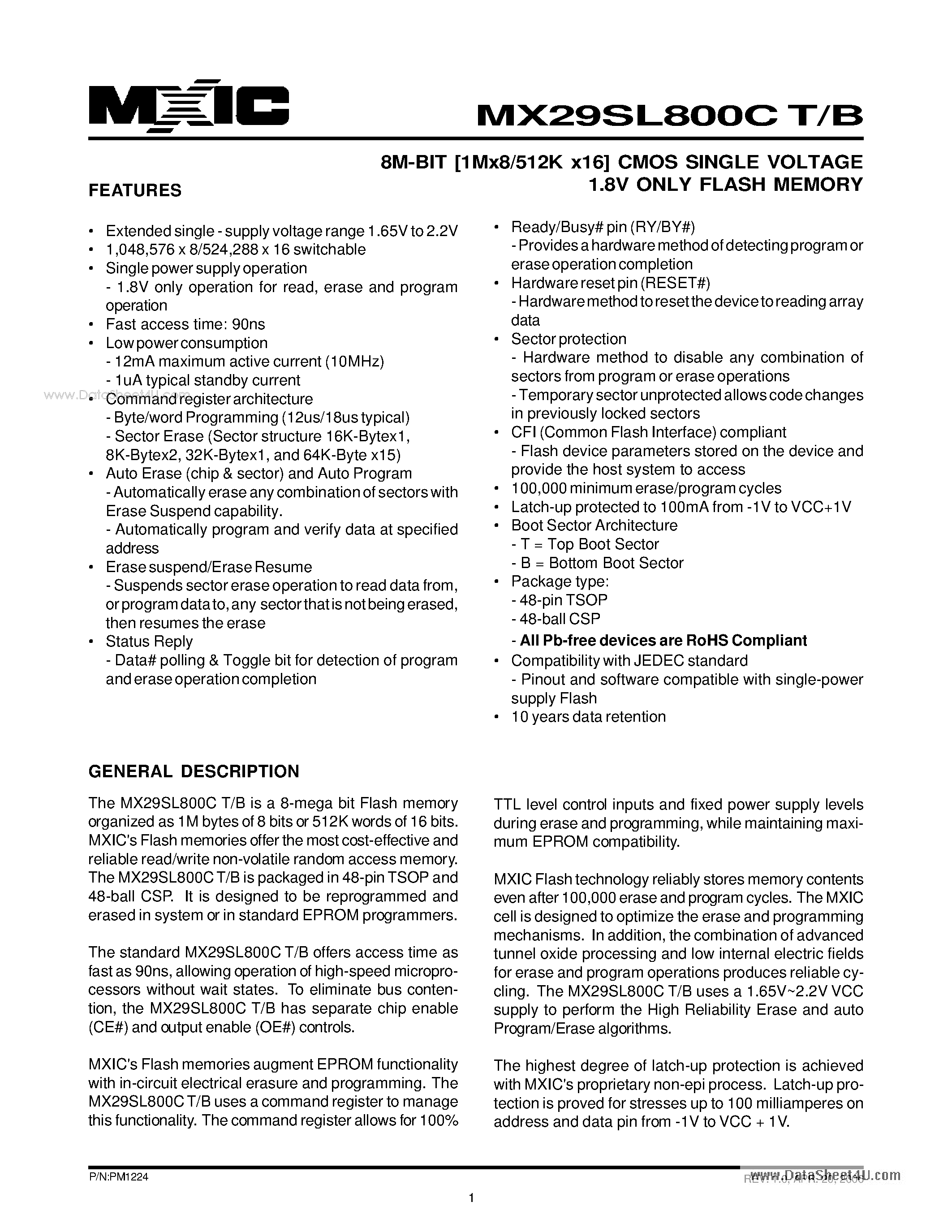 Datasheet MX29SL800CB - 8M-BIT [1Mx8/512K x16] CMOS SINGLE VOLTAGE 1.8V ONLY FLASH MEMORY page 1