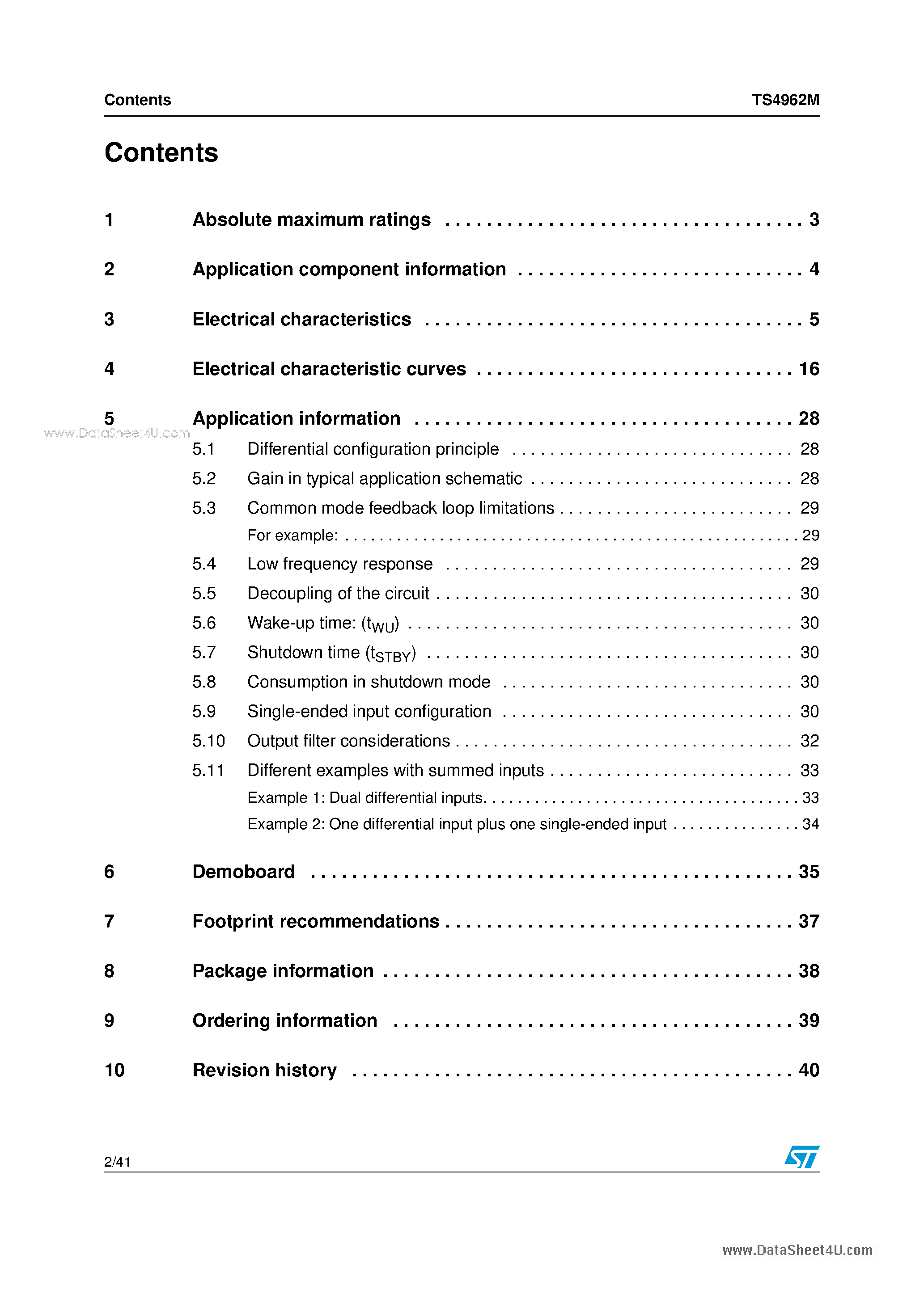 Даташит на микросхему TS4962M страница 2 Даташит TS4962M - 3W filter-free class D audio power amplifier страница 2