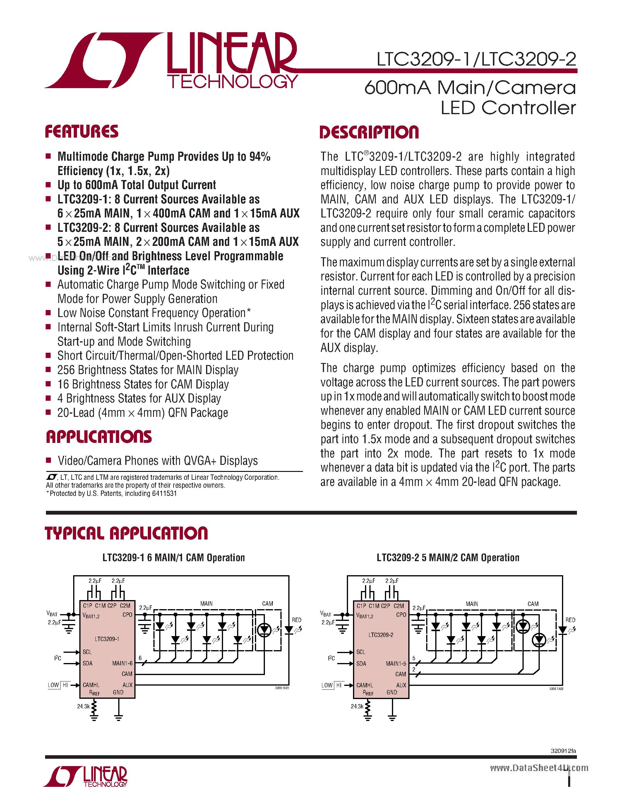 Datasheet LTC3209-1 - 600mA Main/Camera LED Controller page 1