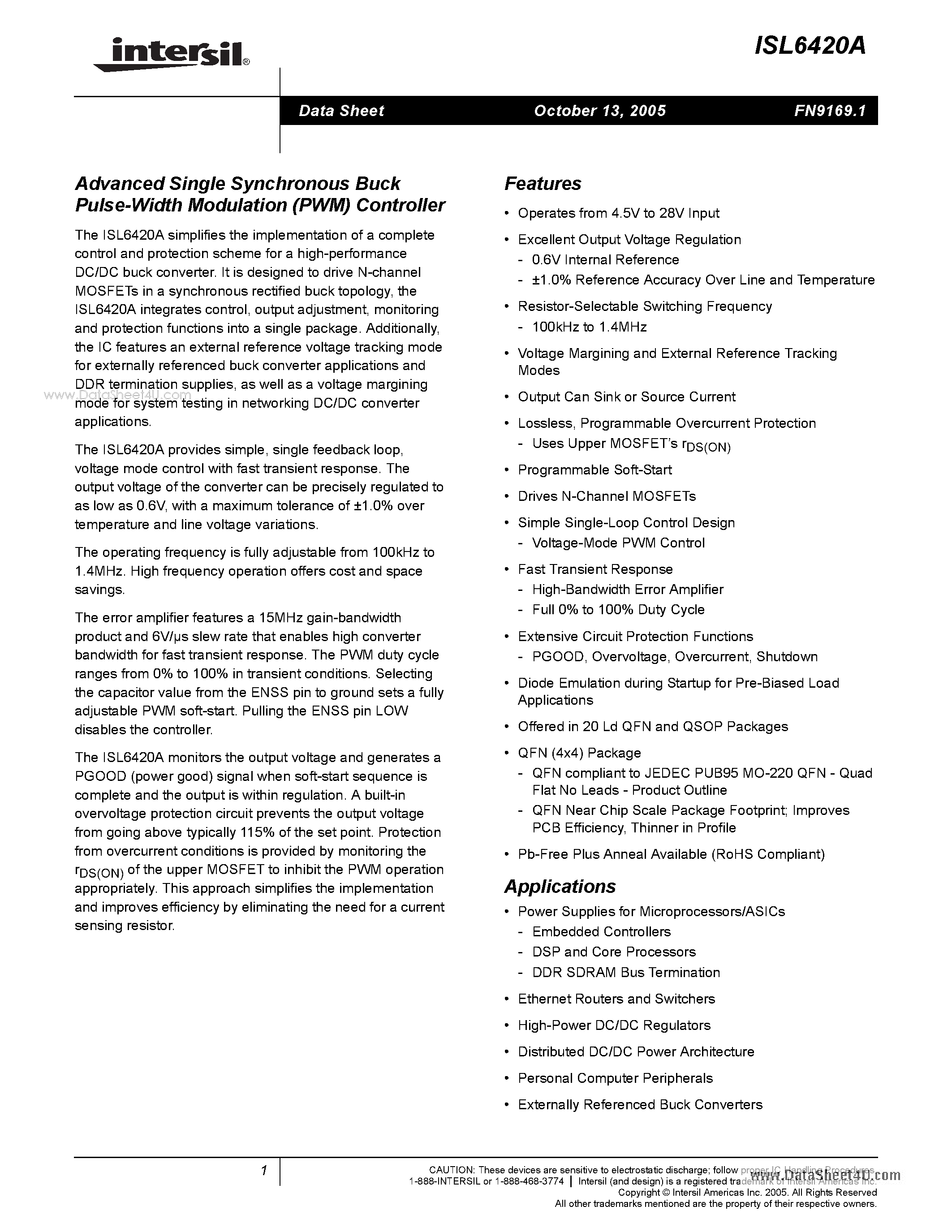 Datasheet ISL6420A - Advanced Single Synchronous Buck Pulse-Width Modulation (PWM) Controller page 1