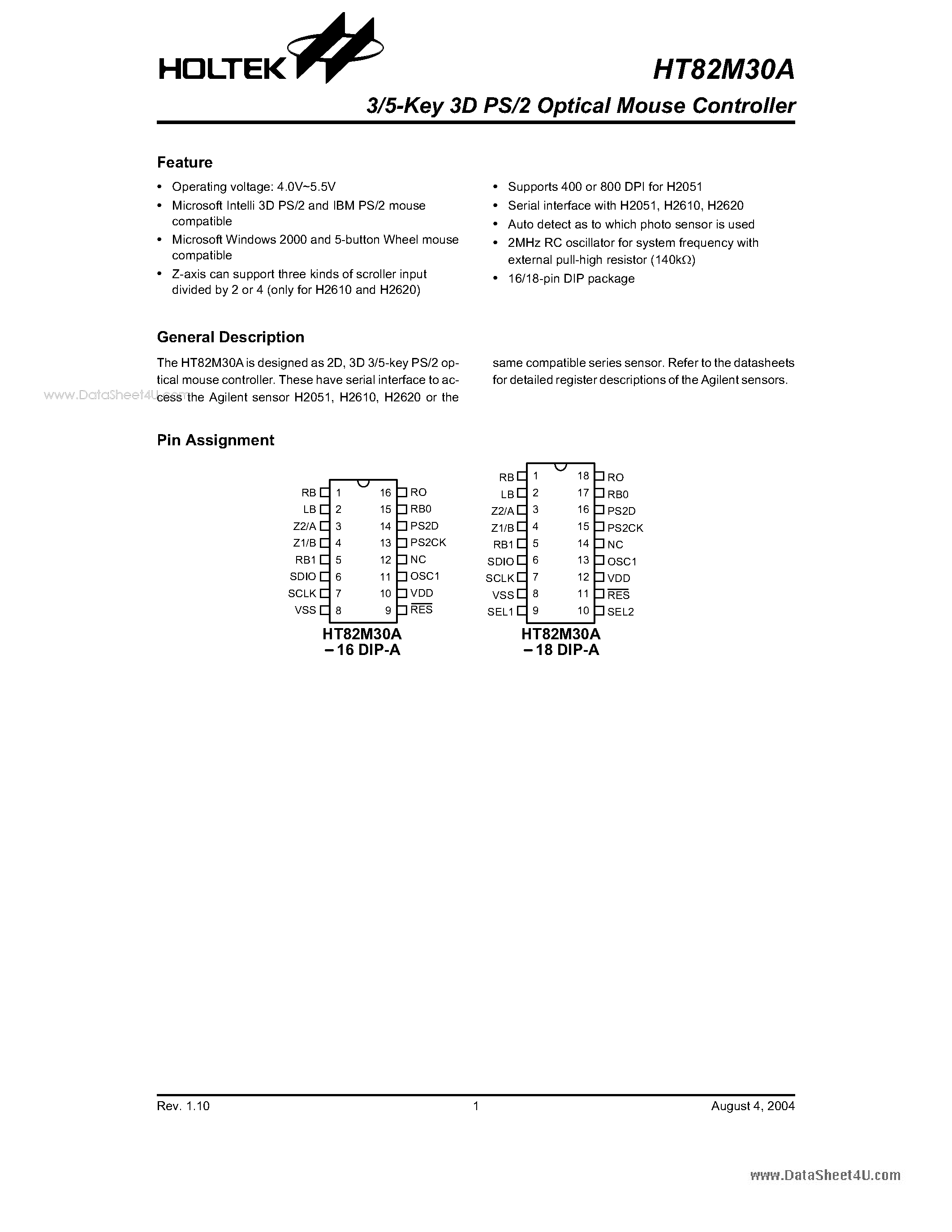 Datasheet HT82M30A - 3/5-Key 3D PS/2 Optical Mouse Controller page 1