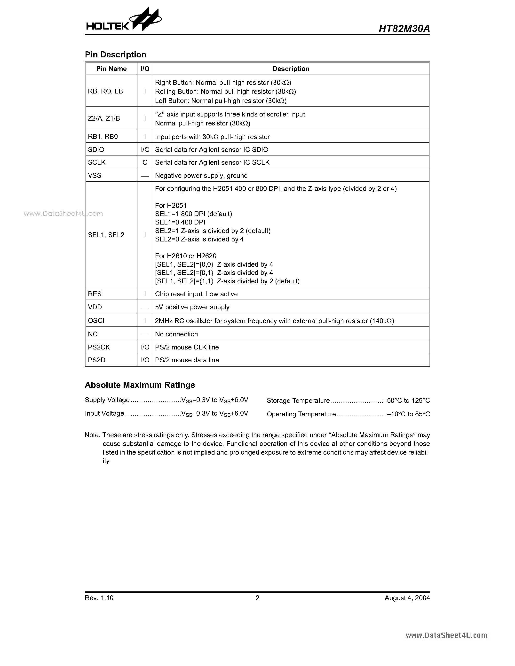 Datasheet HT82M30A - 3/5-Key 3D PS/2 Optical Mouse Controller page 2