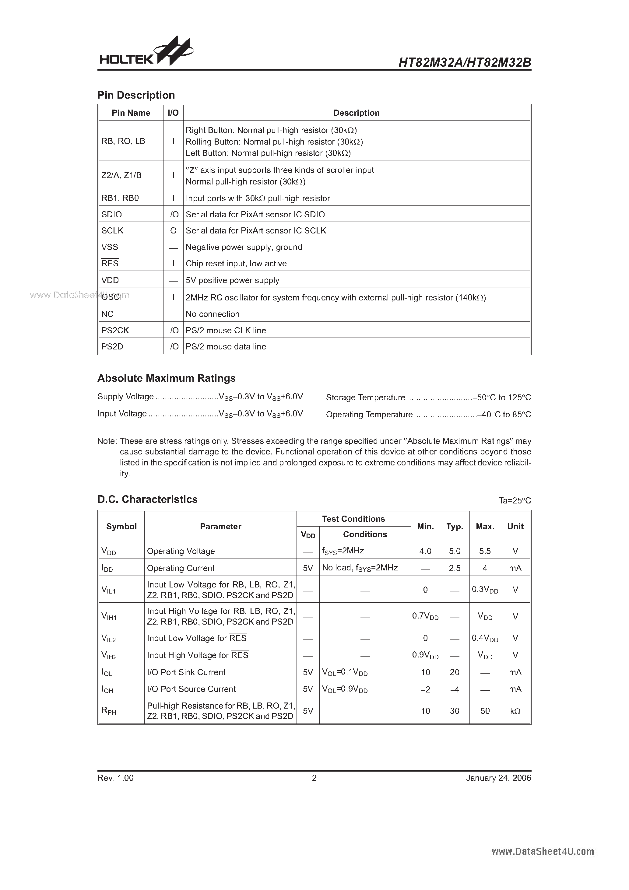 Datasheet HT82M32A page 2 Datasheet HT82M32A - 3/5-Key 3D PS/2 Optical Mouse Controller page 2