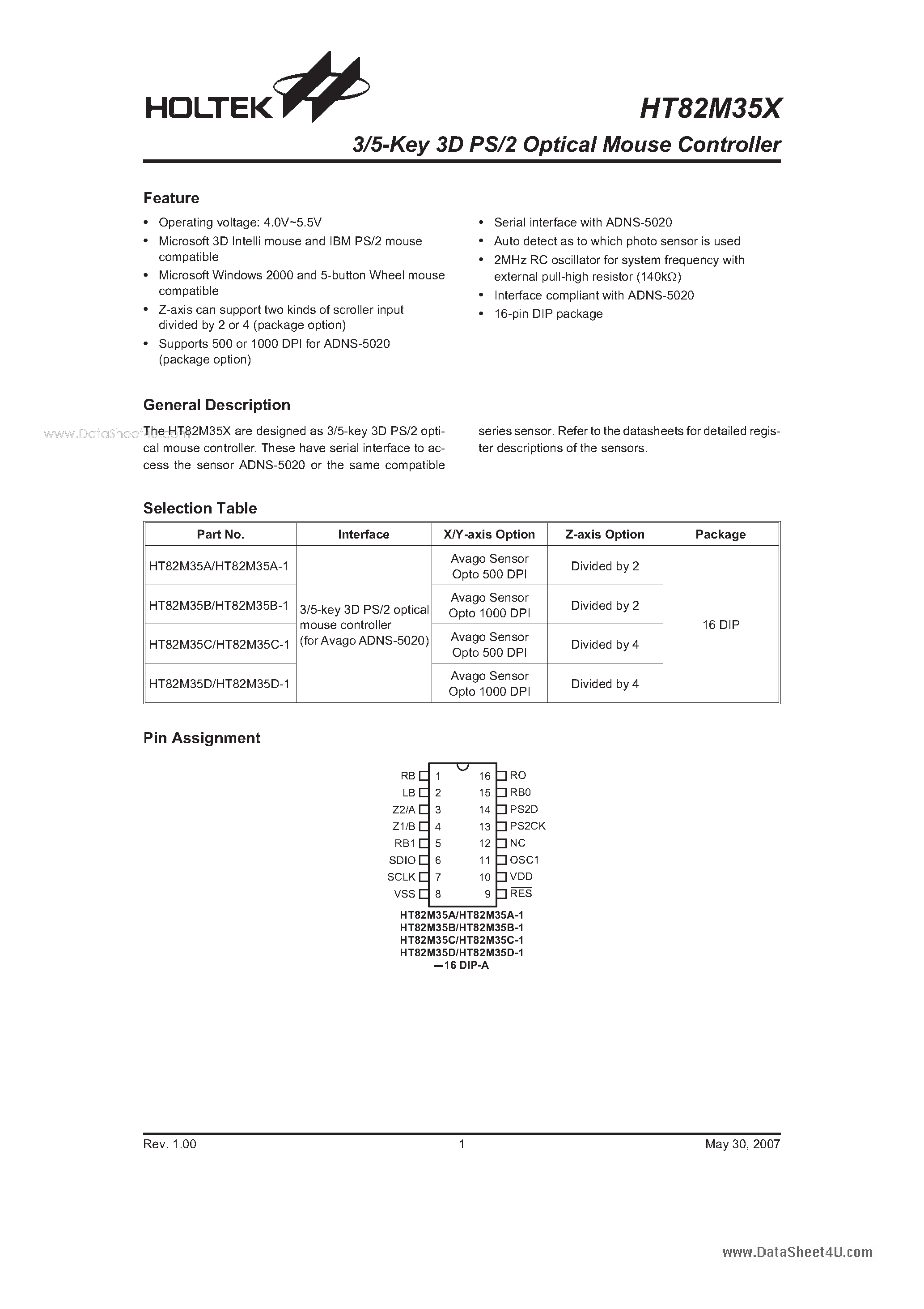 Datasheet HT82M35X page 1 Datasheet HT82M35X - 3/5-Key 3D PS/2 Optical Mouse Controller page 1
