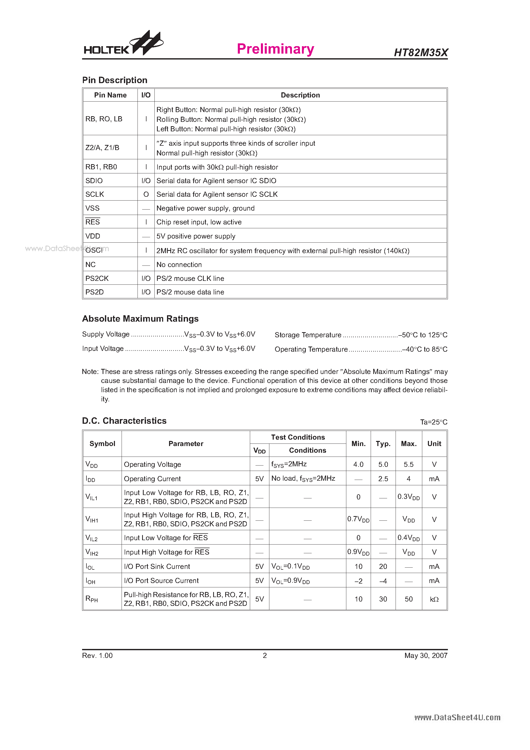 Datasheet HT82M35X page 2 Datasheet HT82M35X - 3/5-Key 3D PS/2 Optical Mouse Controller page 2