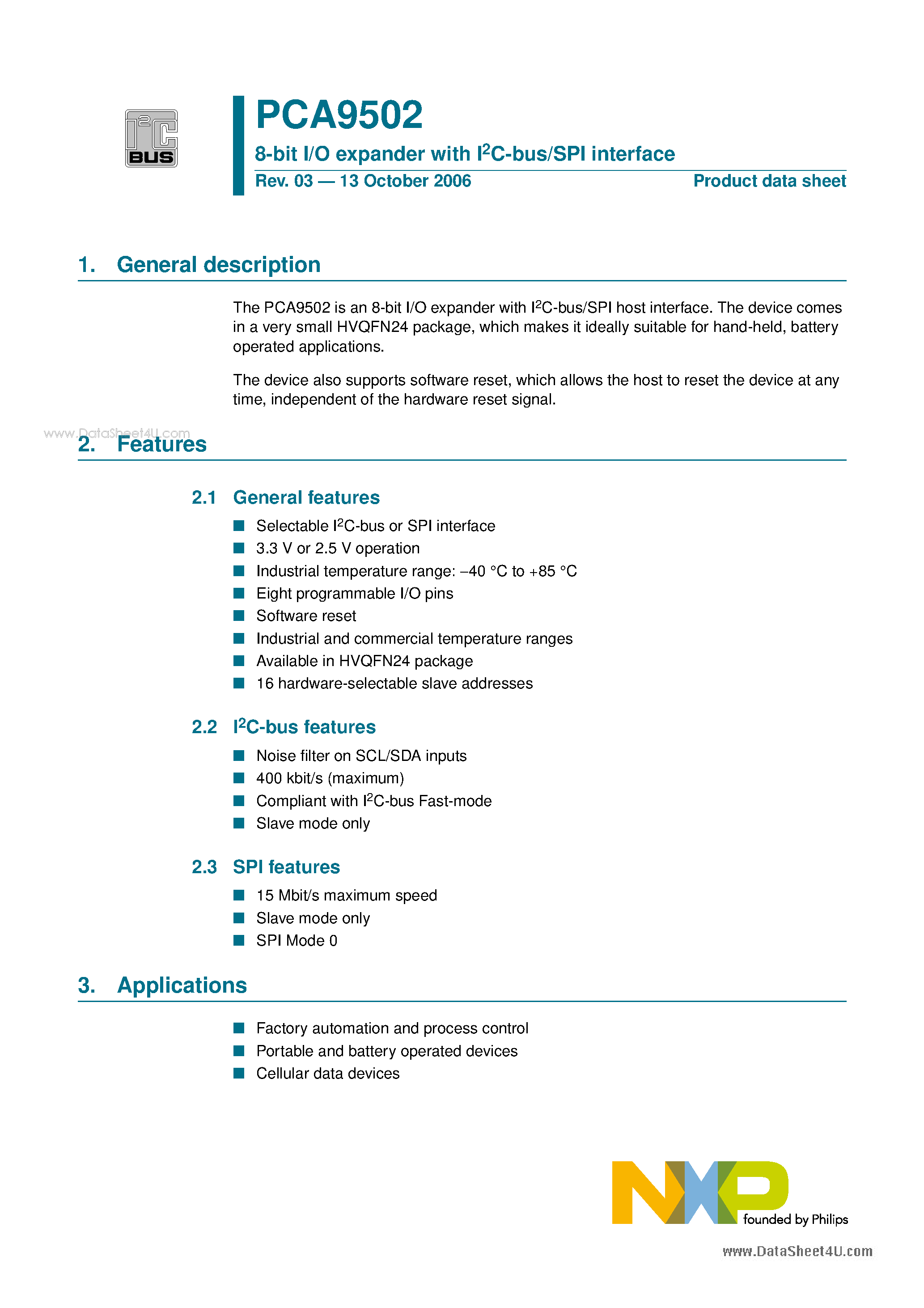 Даташит PCA9502 - 8-bit I/O expander страница 1