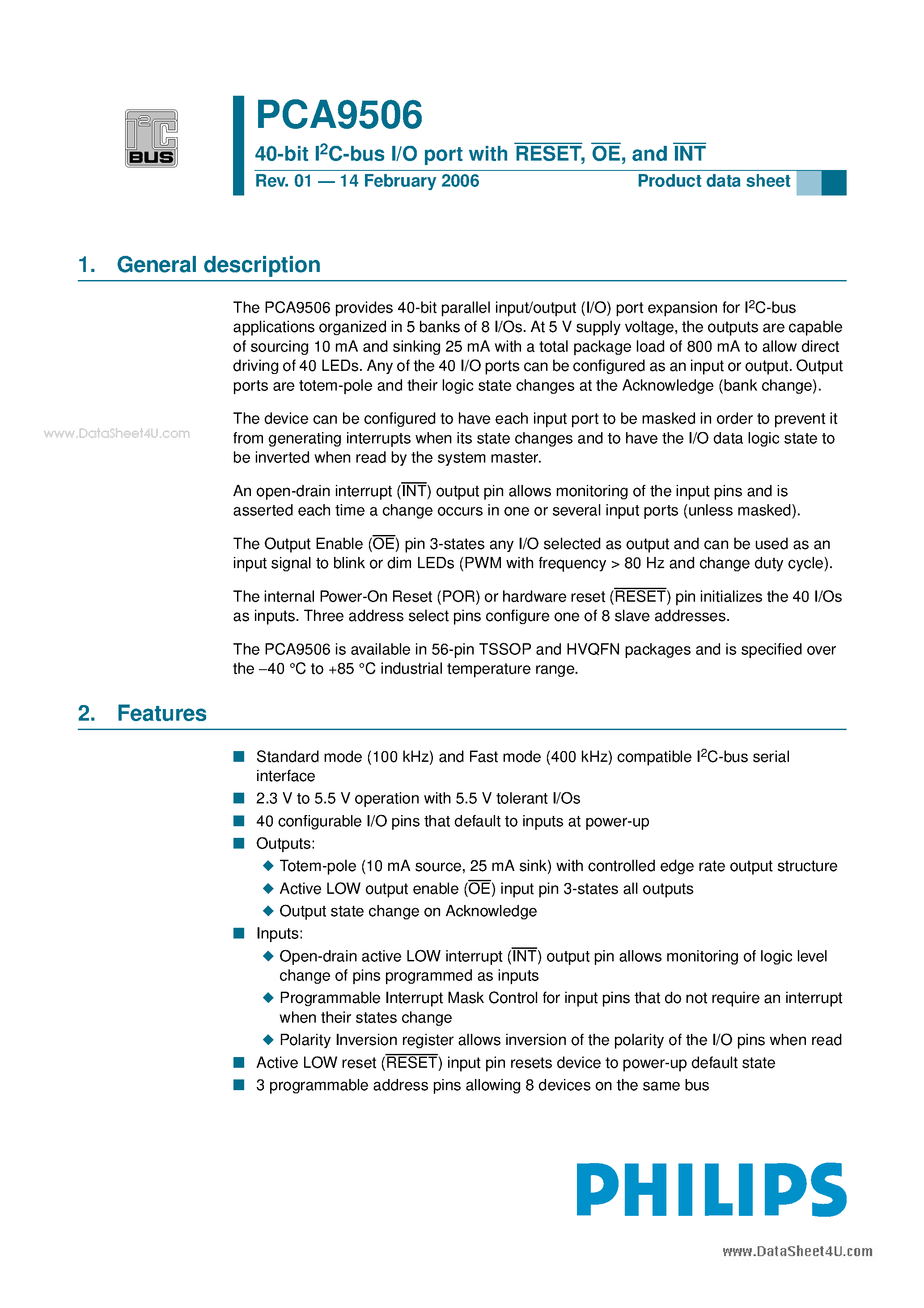 Datasheet PCA9506 page 1 Datasheet PCA9506 - 40-bit I2C-bus I/O port page 1