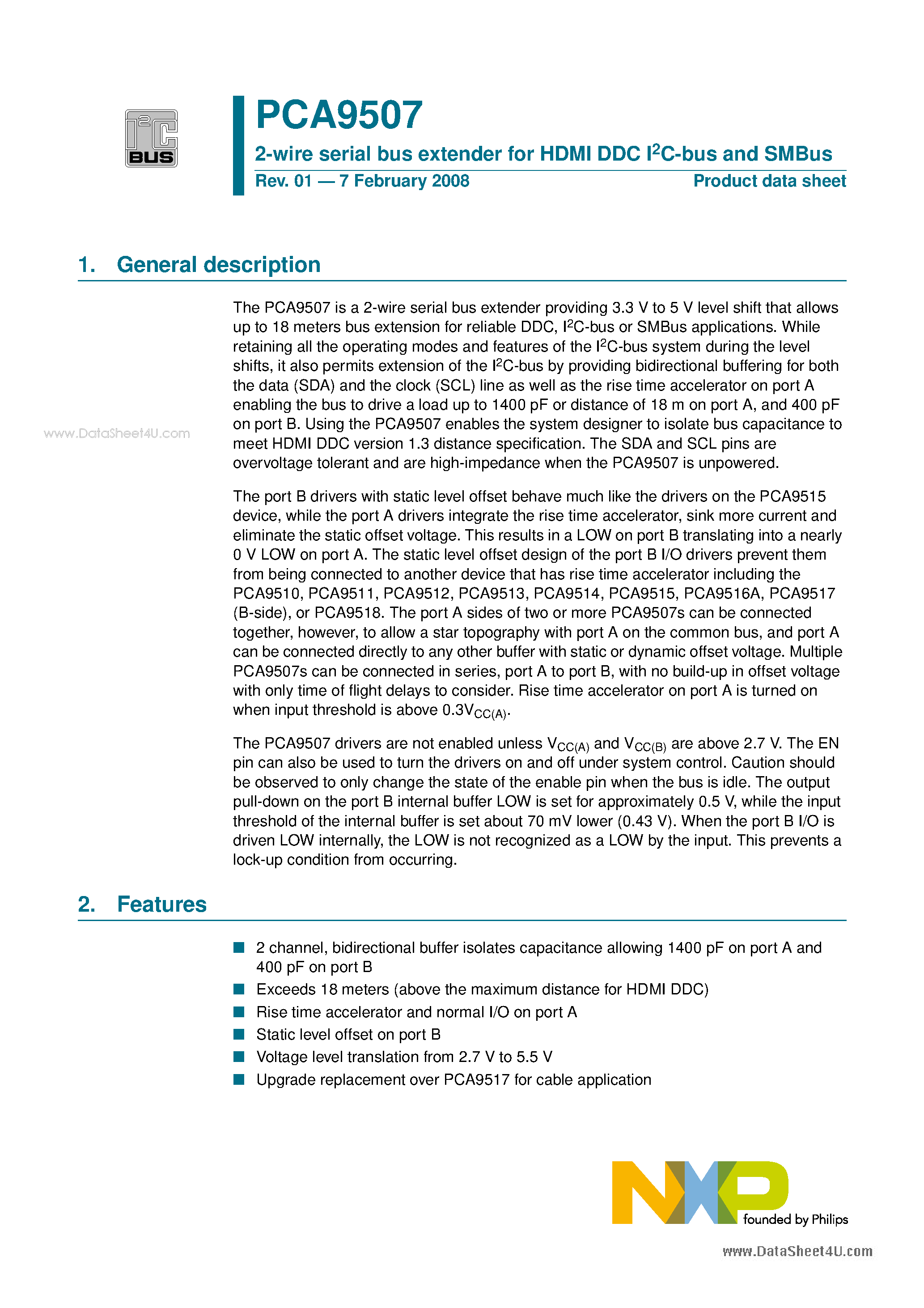 Datasheet PCA9507 - 2-wire serial bus extender page 1