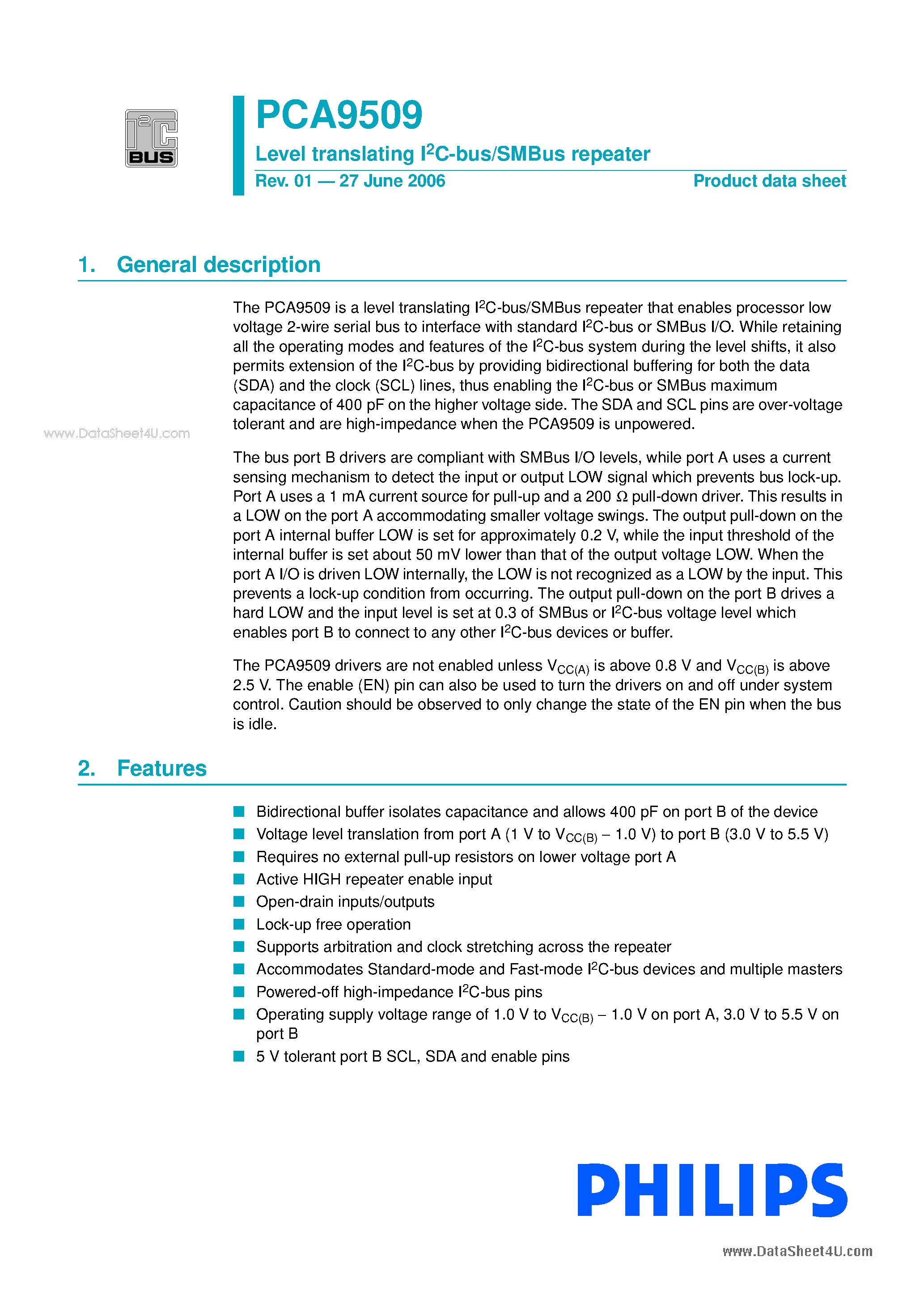 Datasheet PCA9509 page 1 Datasheet PCA9509 - Level translating I2C-bus/SMBus repeater page 1
