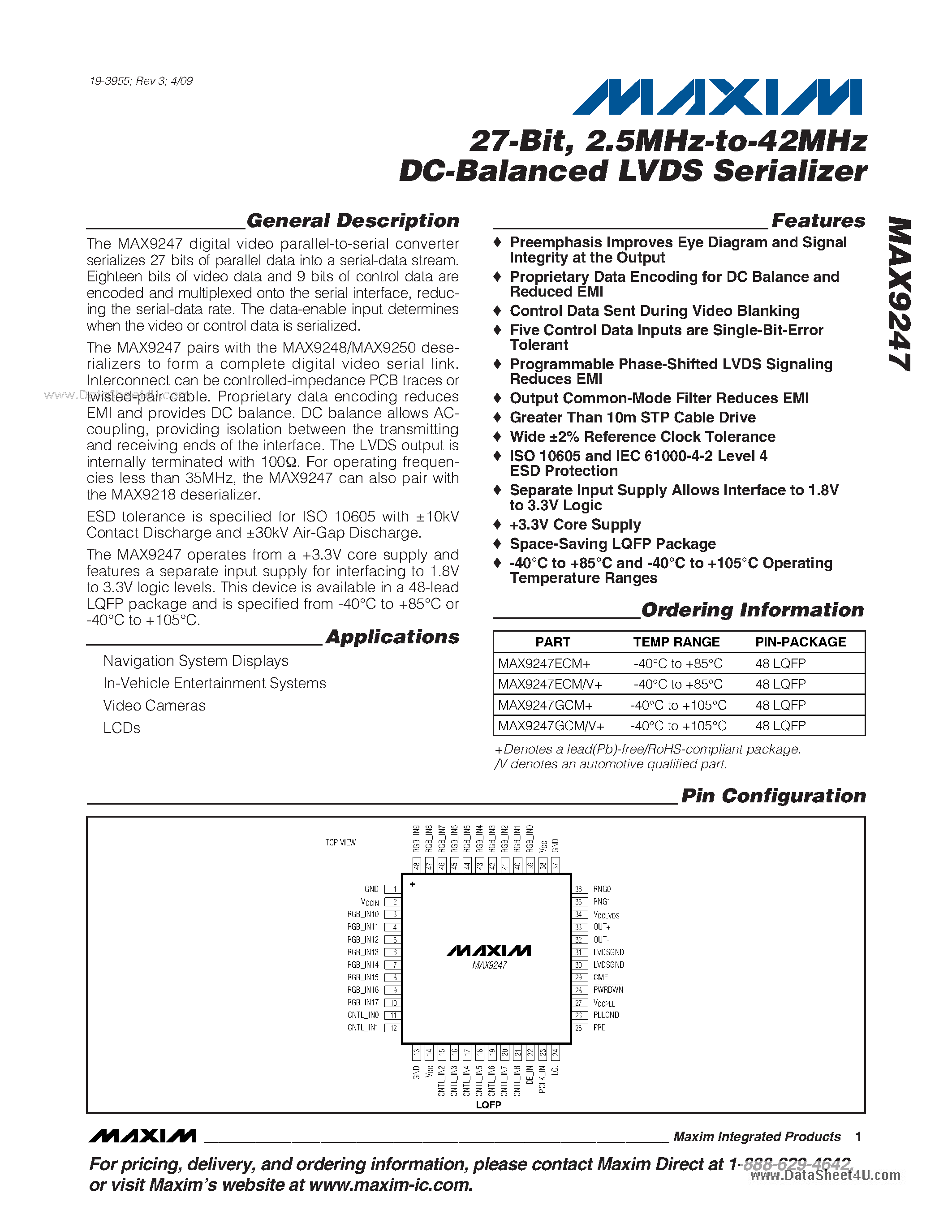 Datasheet MAX9247 - 2.5MHz-to-42MHz DC-Balanced LVDS Serializer page 1
