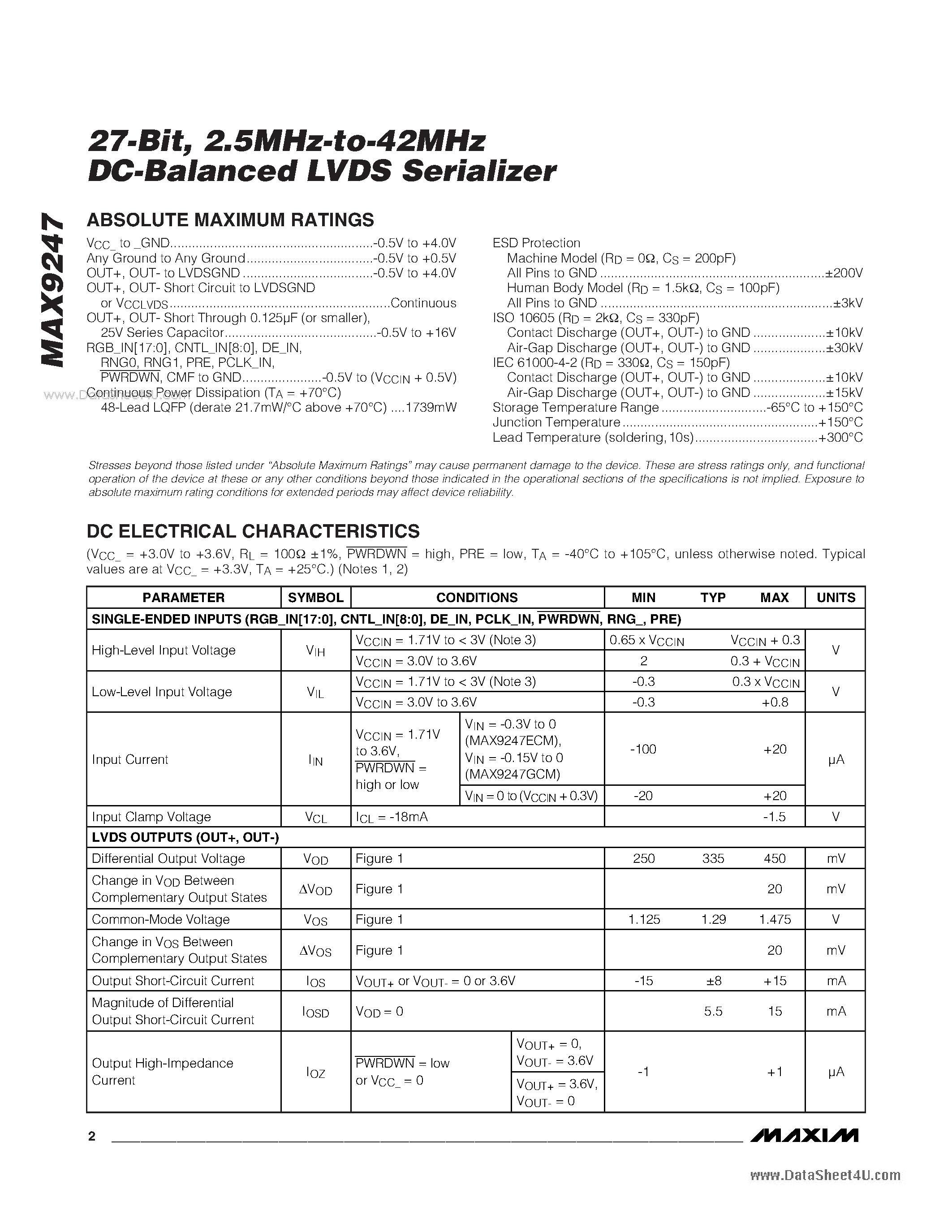 Datasheet MAX9247 - 2.5MHz-to-42MHz DC-Balanced LVDS Serializer page 2
