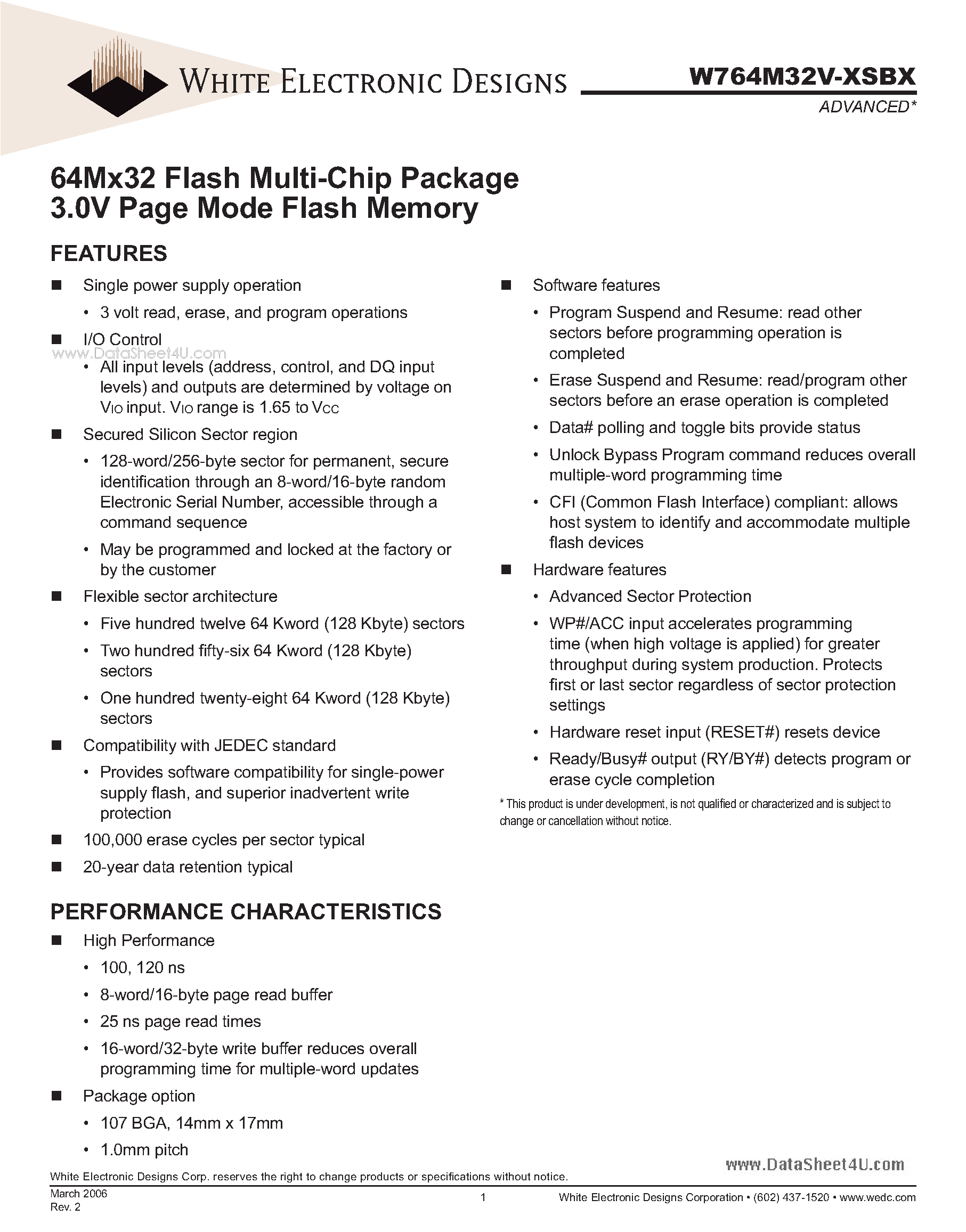 Даташит W764M32V-XSBX - 64Mx32 Flash Multi-Chip Package 3.0V Page Mode Flash Memory страница 1