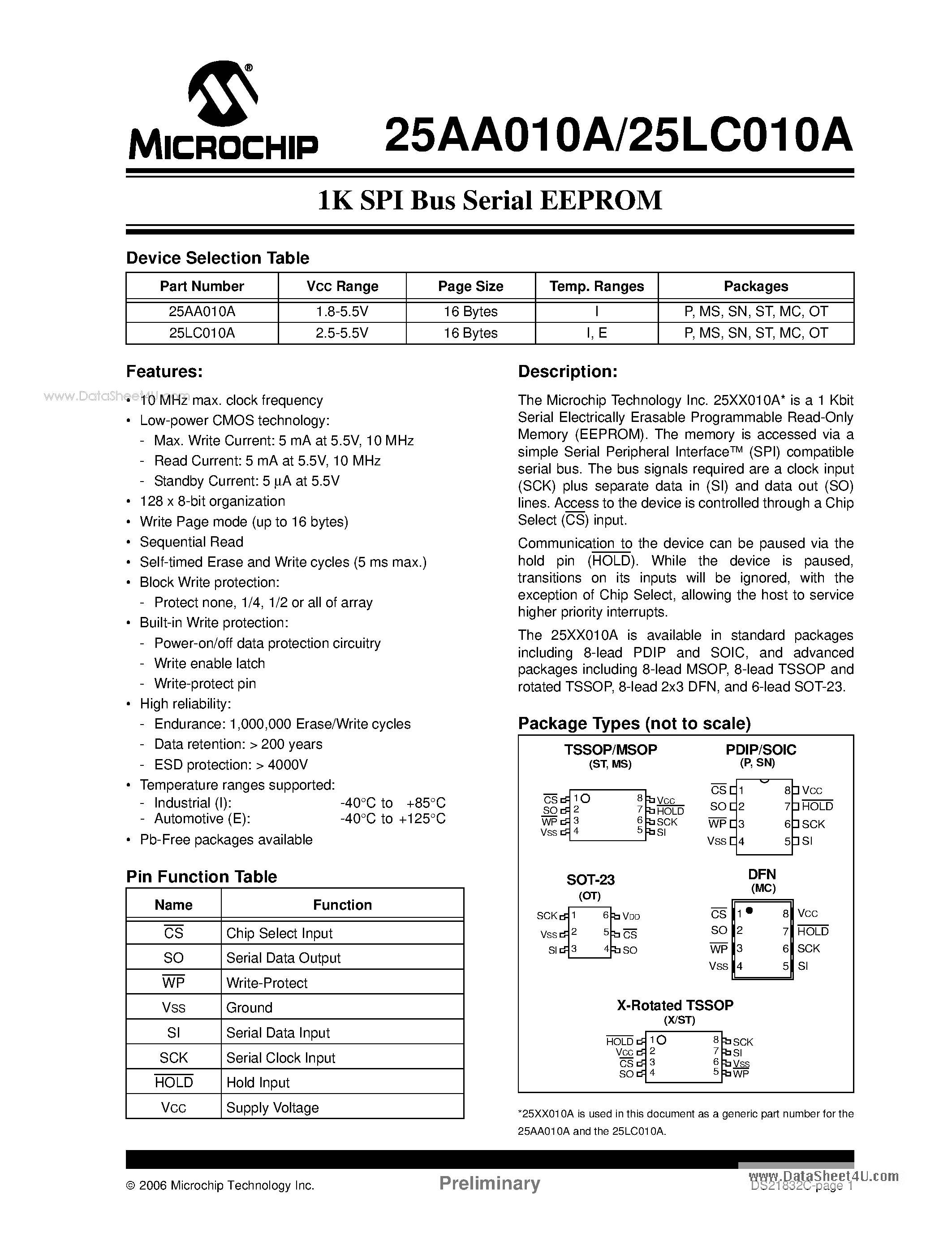 Даташит на микросхему 25AA010A страница 1 Даташит 25AA010A - 1K SPI Bus Serial EEPROM страница 1