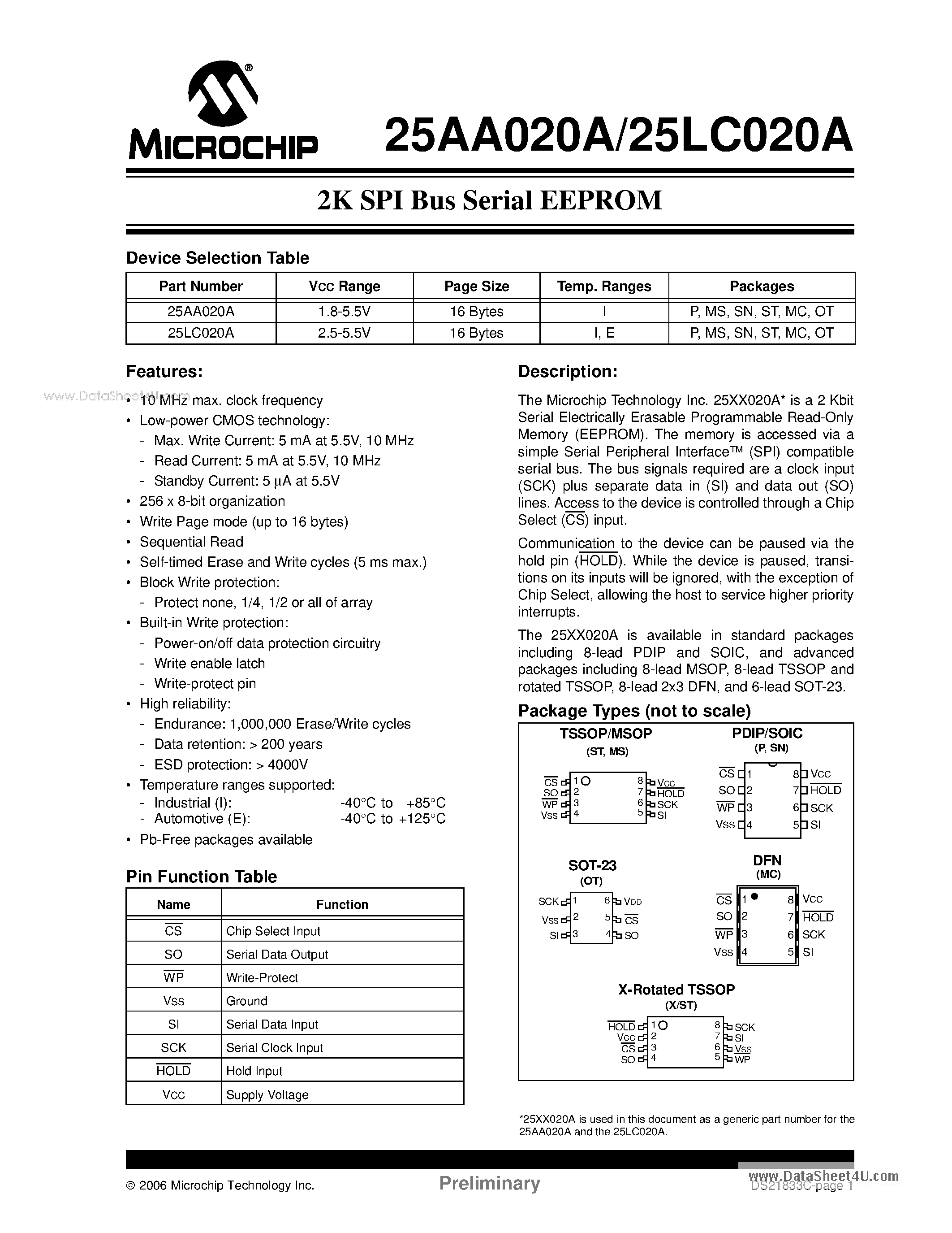Datasheet 25LC020A - 2K SPI Bus Serial EEPROM page 1