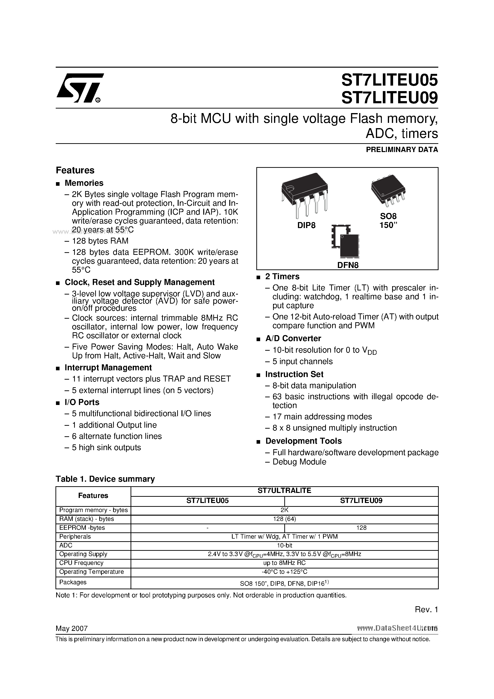 Даташит на микросхему ST7LITEU05 страница 1 Даташит ST7LITEU05 - 8-bit MCU страница 1