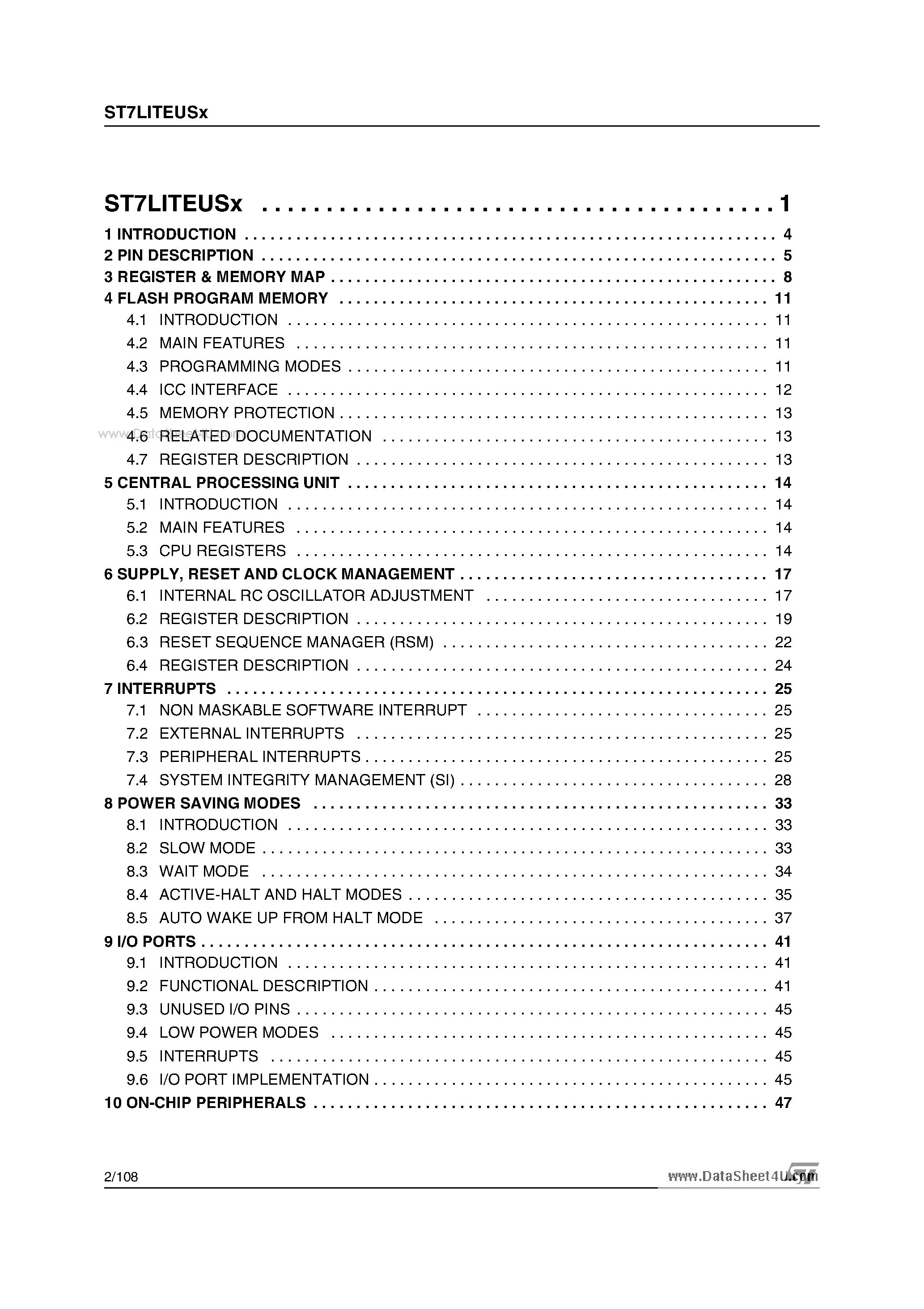 Даташит на микросхему ST7LITEUSX страница 2 Даташит ST7LITEUSX - 8-bit MCU страница 2