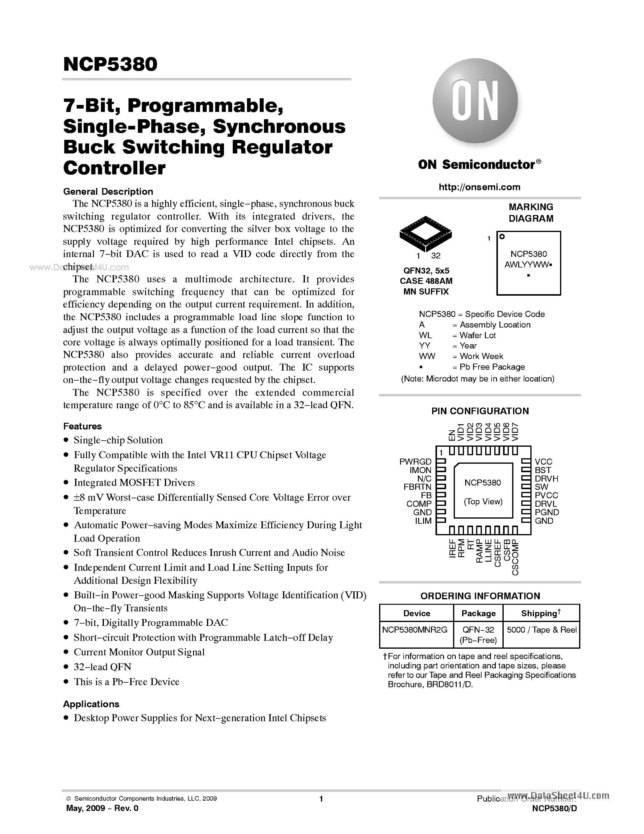 Datasheet NCP5380 page 1 Datasheet NCP5380 - Synchronous Buck Switching Regulator Controller page 1