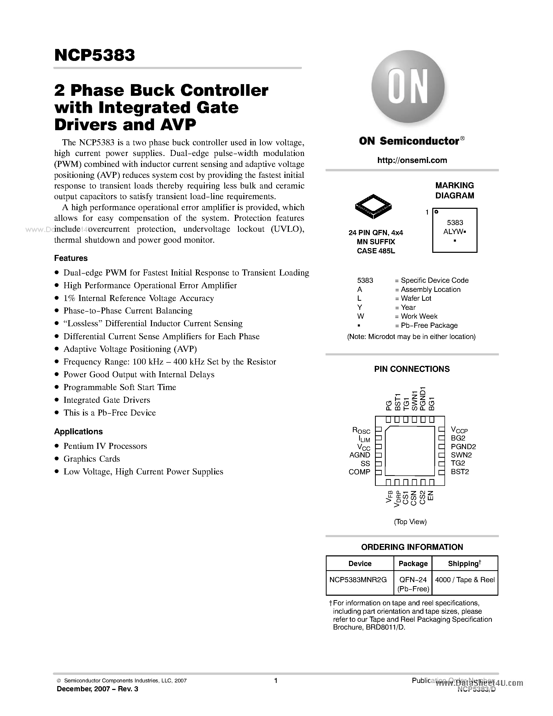 Datasheet NCP5383 - 2 Phase Buck Controller page 1
