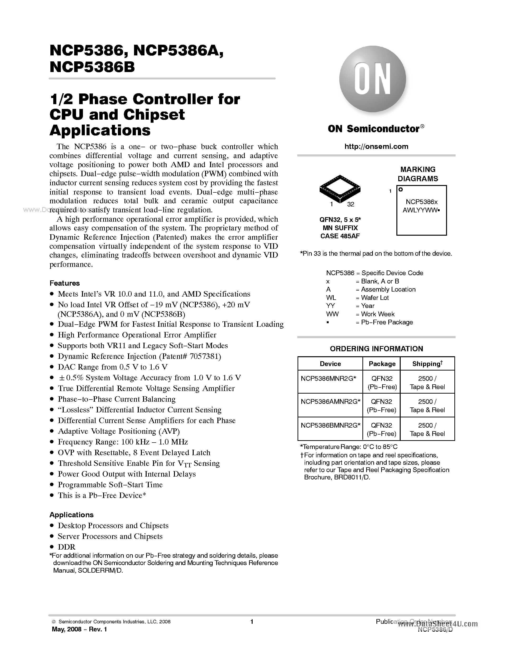Datasheet NCP5386 - 1/2 Phase Controller page 1