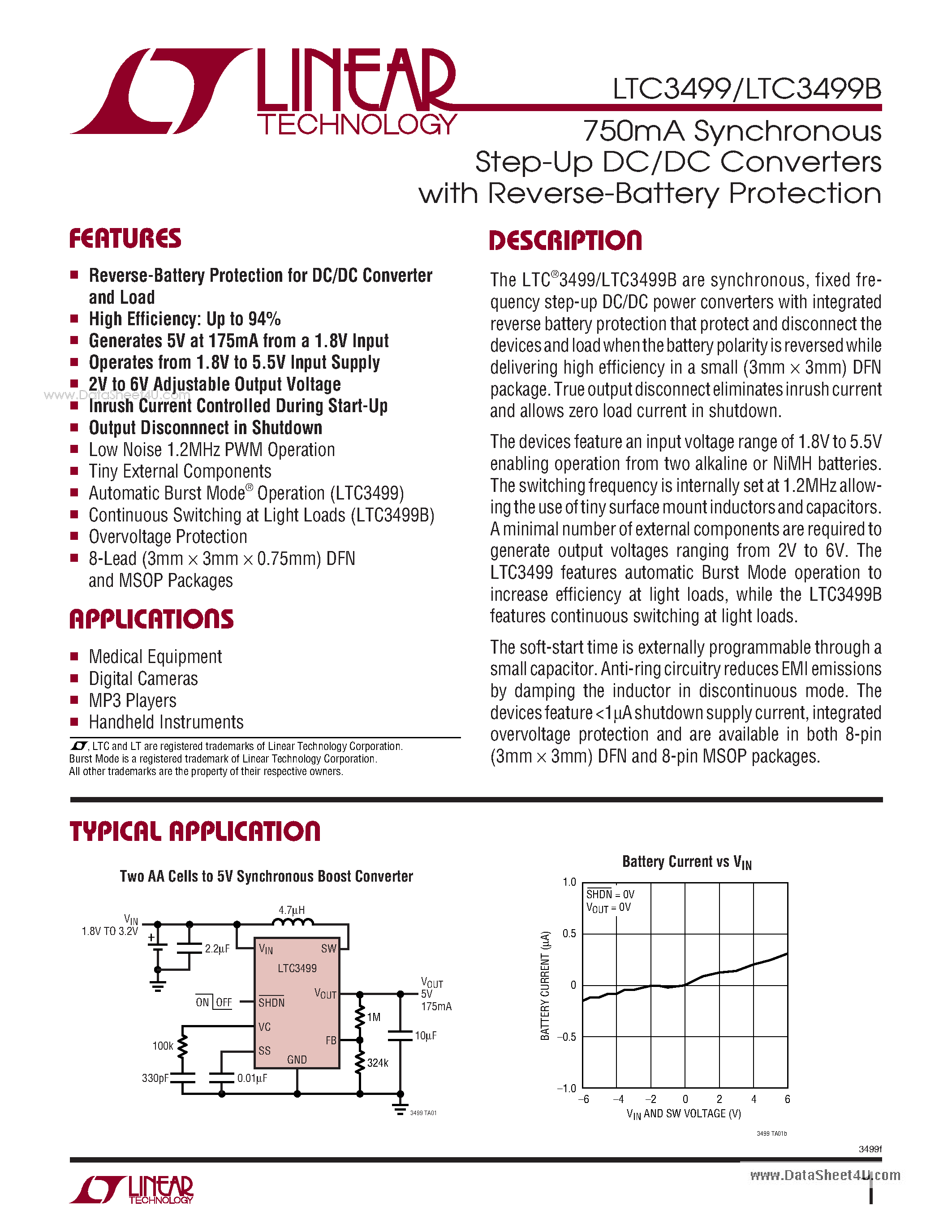 Datasheet LTC3499 - 750mA Synchronous Step-Up DC/DC Converters page 1