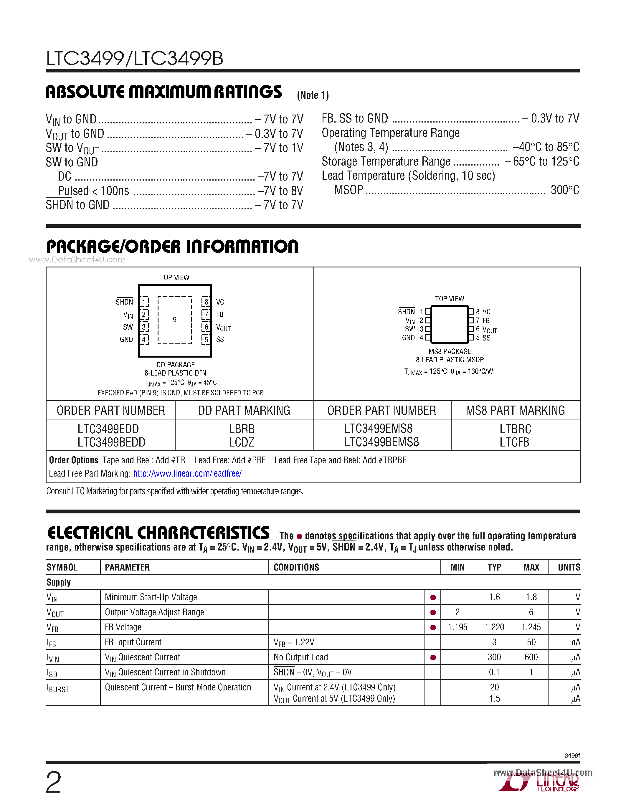 Datasheet LTC3499 - 750mA Synchronous Step-Up DC/DC Converters page 2