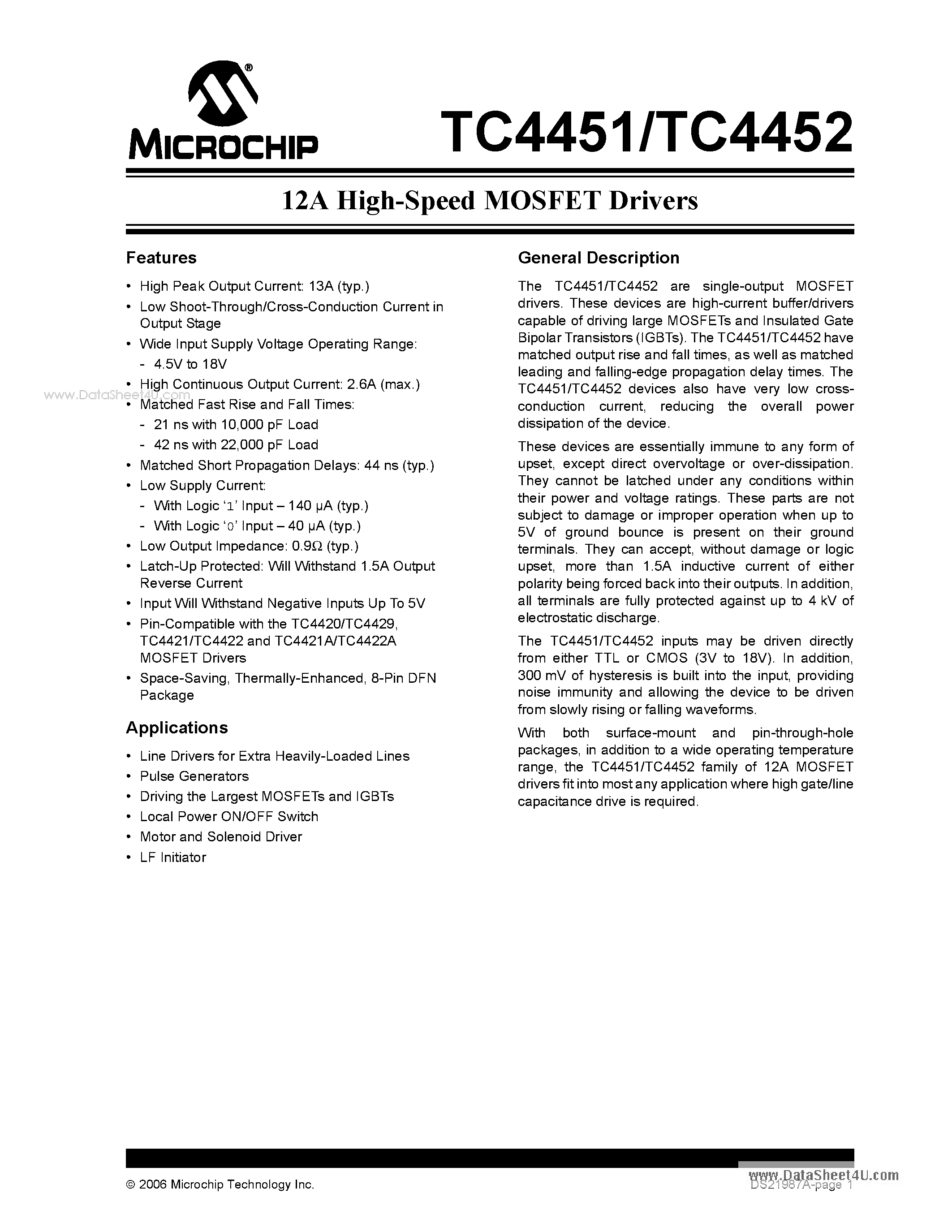 Datasheet TC4451 - 12A High-Speed MOSFET Drivers page 1