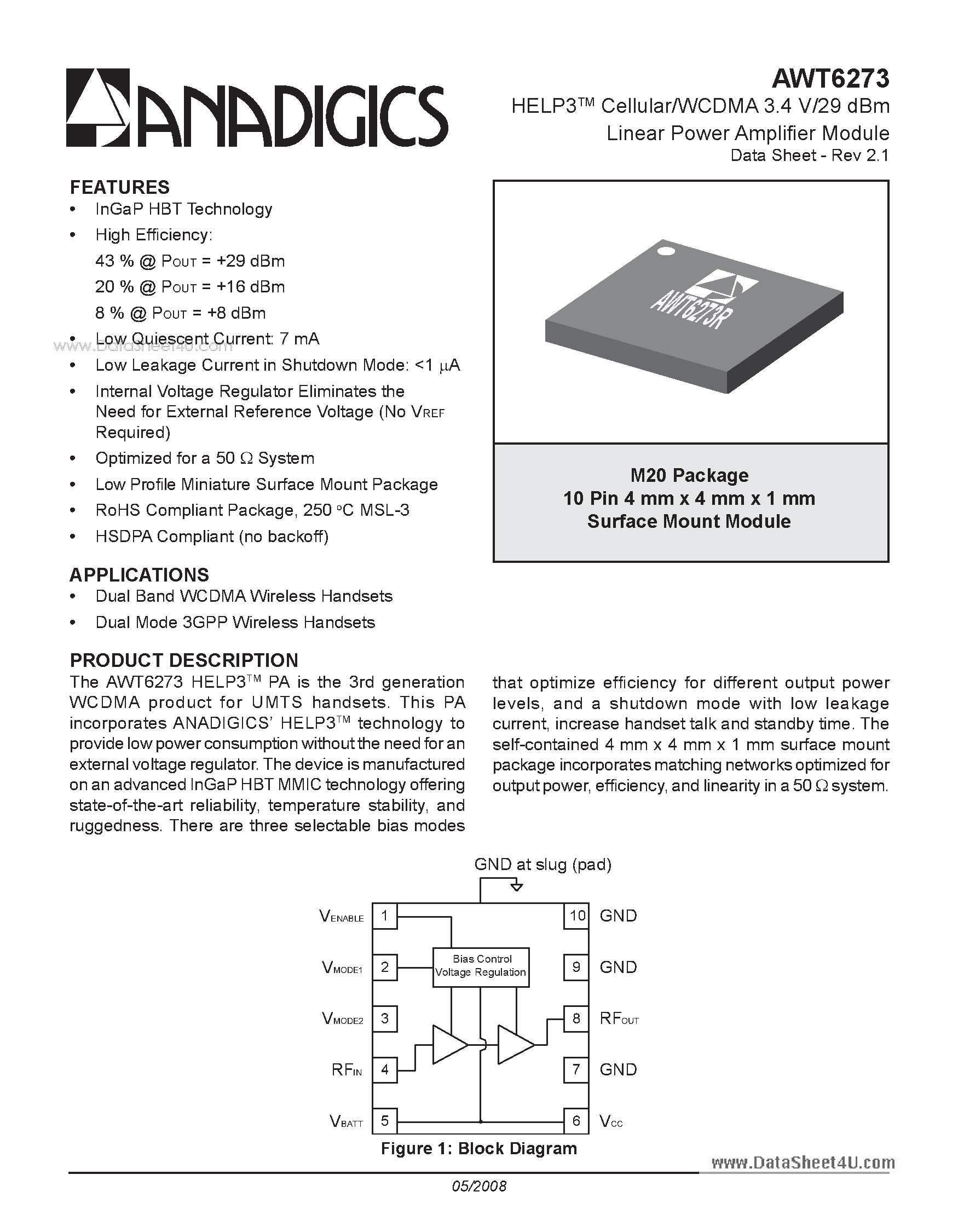 Datasheet AWT6273 page 1 Datasheet AWT6273 - HELP3 Cellular/WCDMA 3.4 V/29 dBm Linear Power Amplifier Module page 1