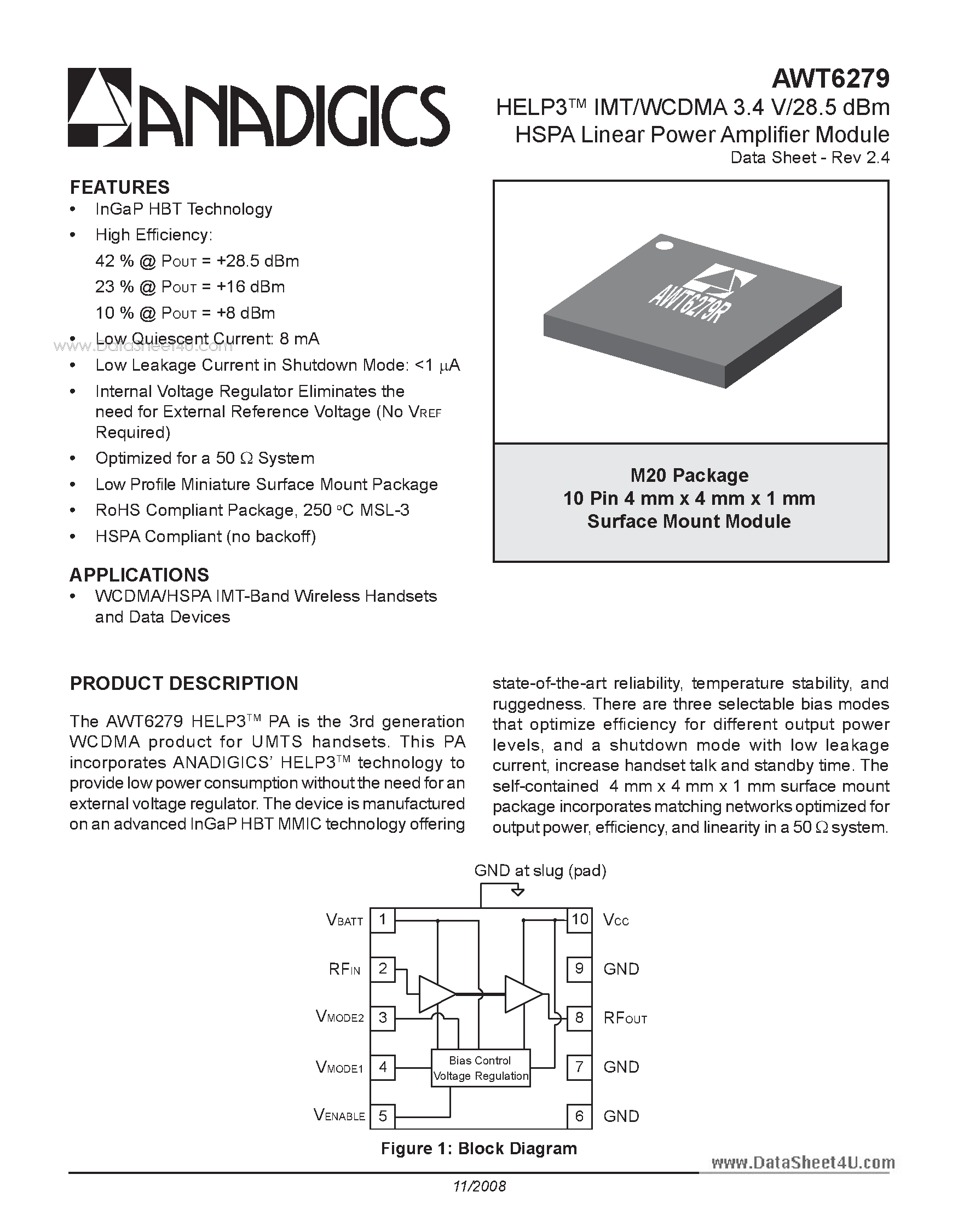 Datasheet AWT6279 page 1 Datasheet AWT6279 - HELP3 IMT/WCDMA 3.4 V/28.5 dBm HSPA Linear Power Amplifier Module page 1