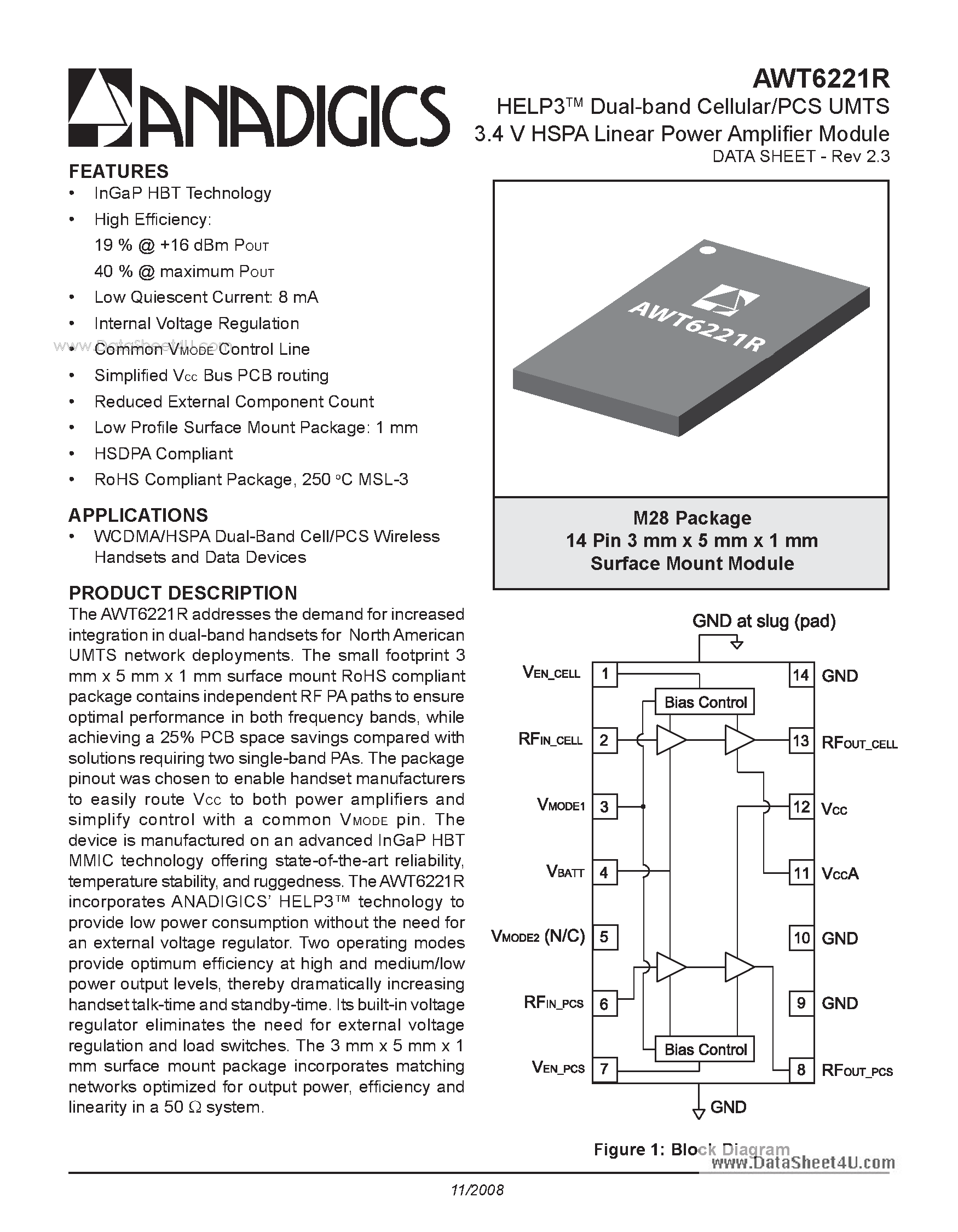 Datasheet AWT6221R - HELP3 Dual-band Cellular/PCS UMTS 3.4 V HSPA Linear Power Amplifier Module page 1