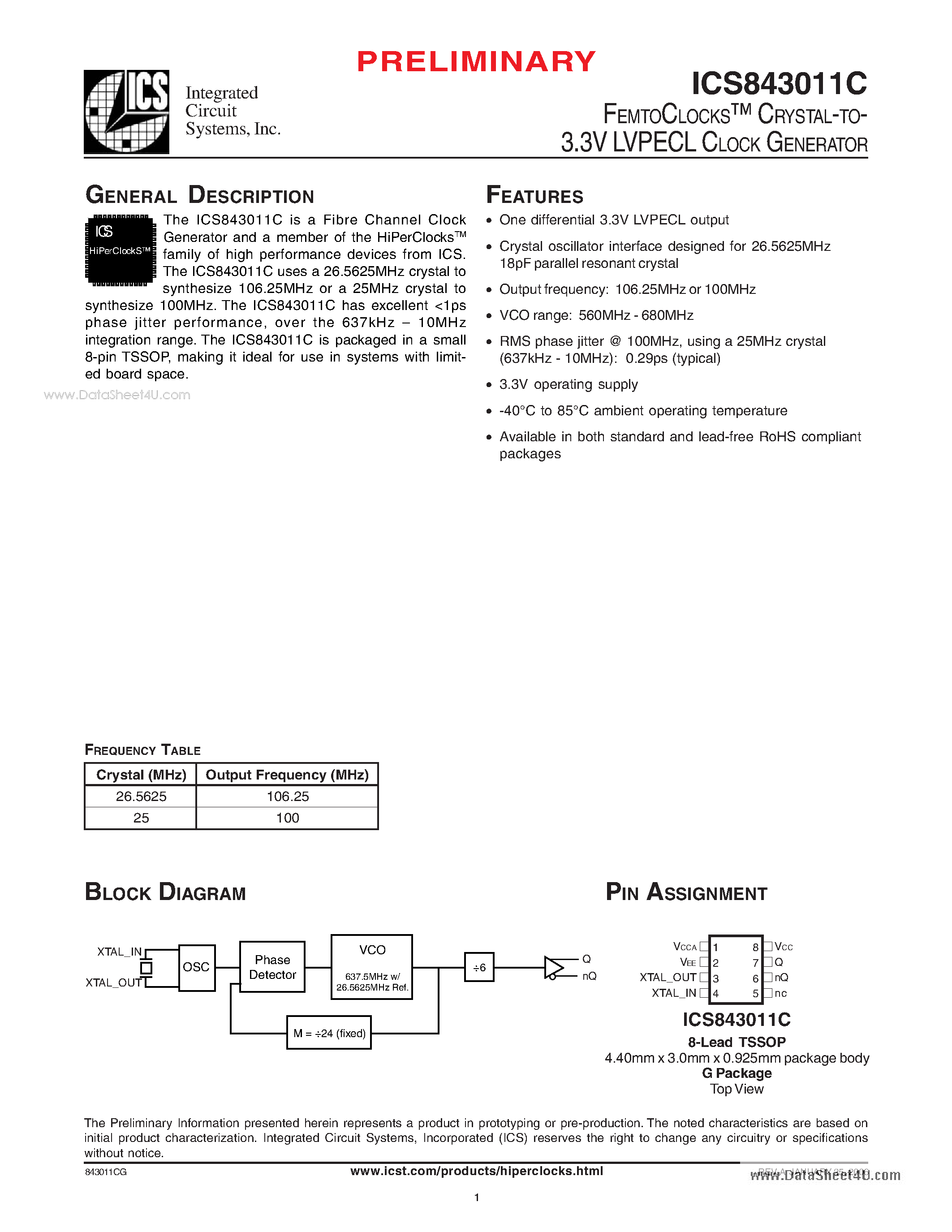 Даташит ICS843011C - FEMTOCLOCKS CRYSTAL-TO- 3.3V LVPECL CLOCK GENERATOR страница 1