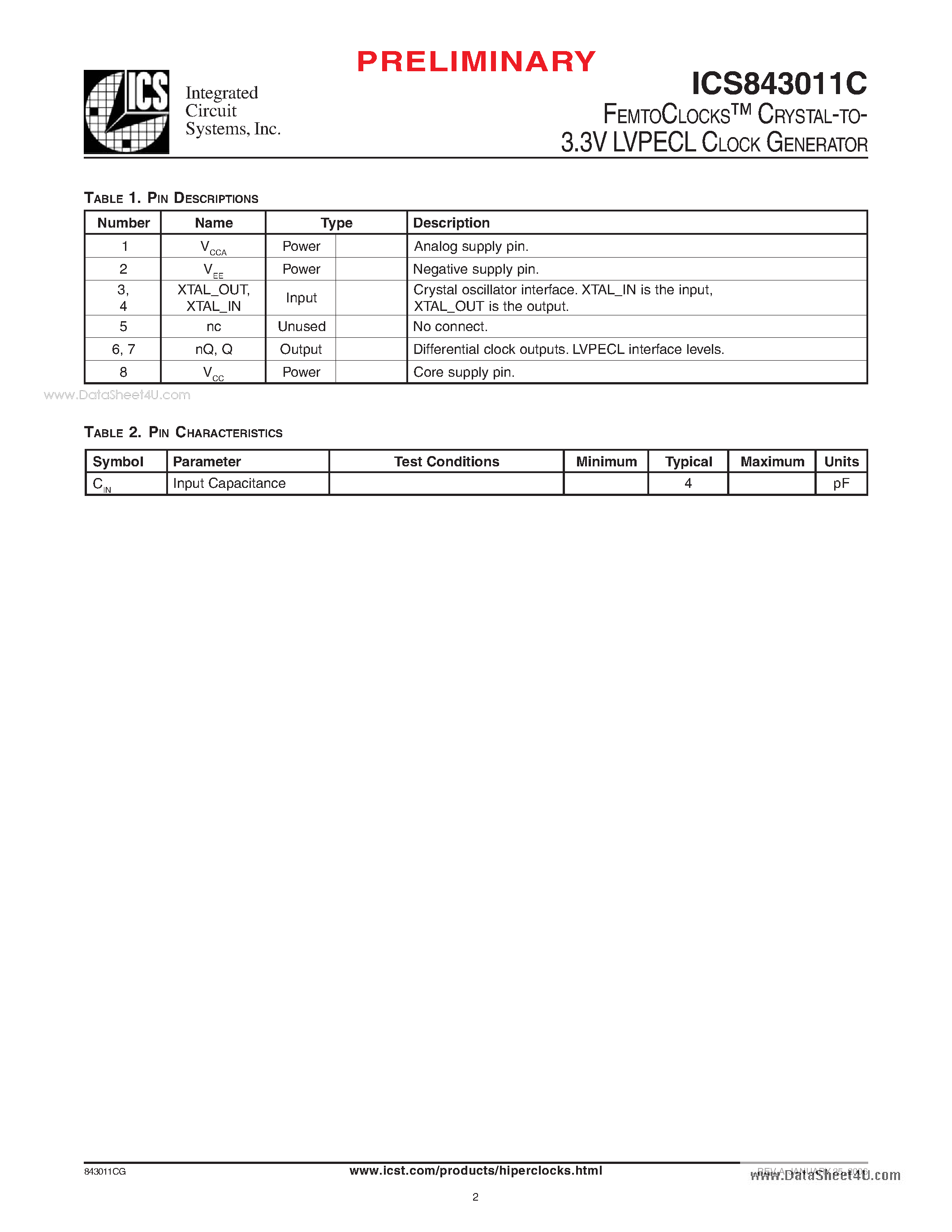 Даташит ICS843011C - FEMTOCLOCKS CRYSTAL-TO- 3.3V LVPECL CLOCK GENERATOR страница 2