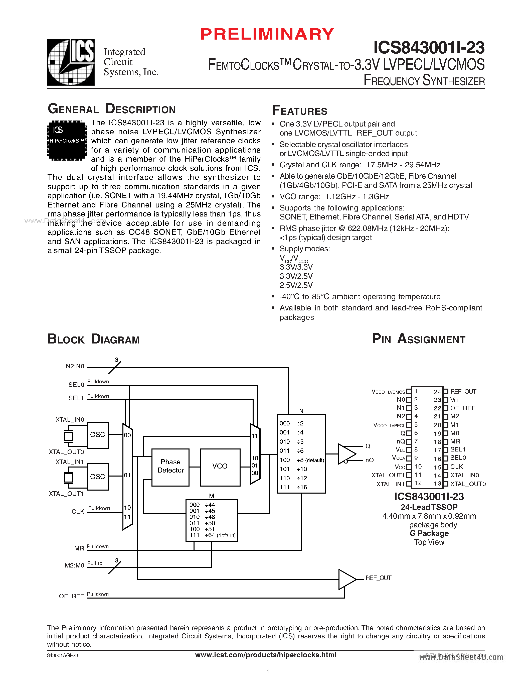 Даташит ICS843001I-23 - FEMTOCLOCKS CRYSTAL-TO-3.3V LVPECL/LVCMOS FREQUENCY SYNTHESIZER страница 1