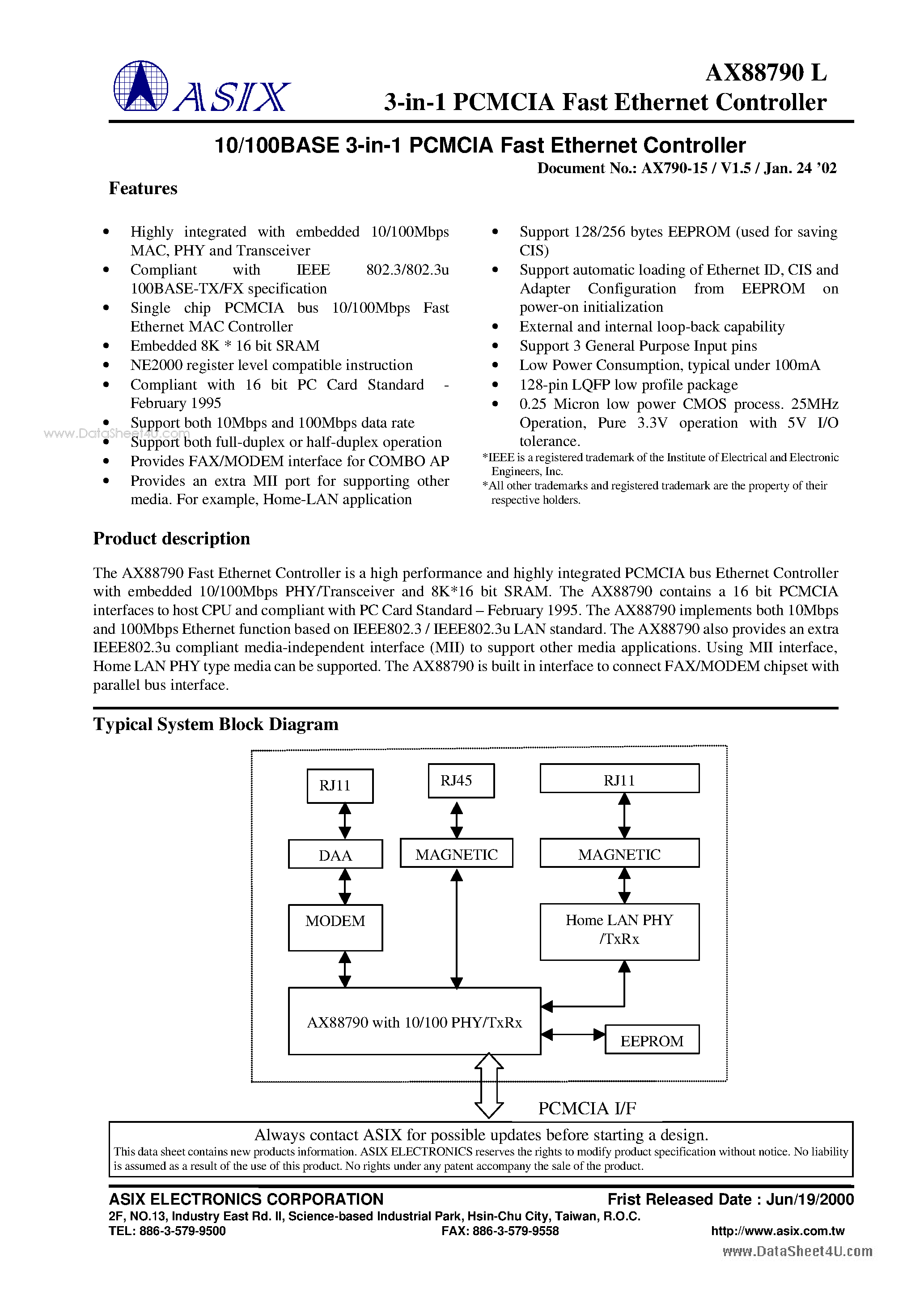 Datasheet AX88790L page 1 Datasheet AX88790L - 10/100BASE 3-in-1 PCMCIA Fast Ethernet Controller page 1