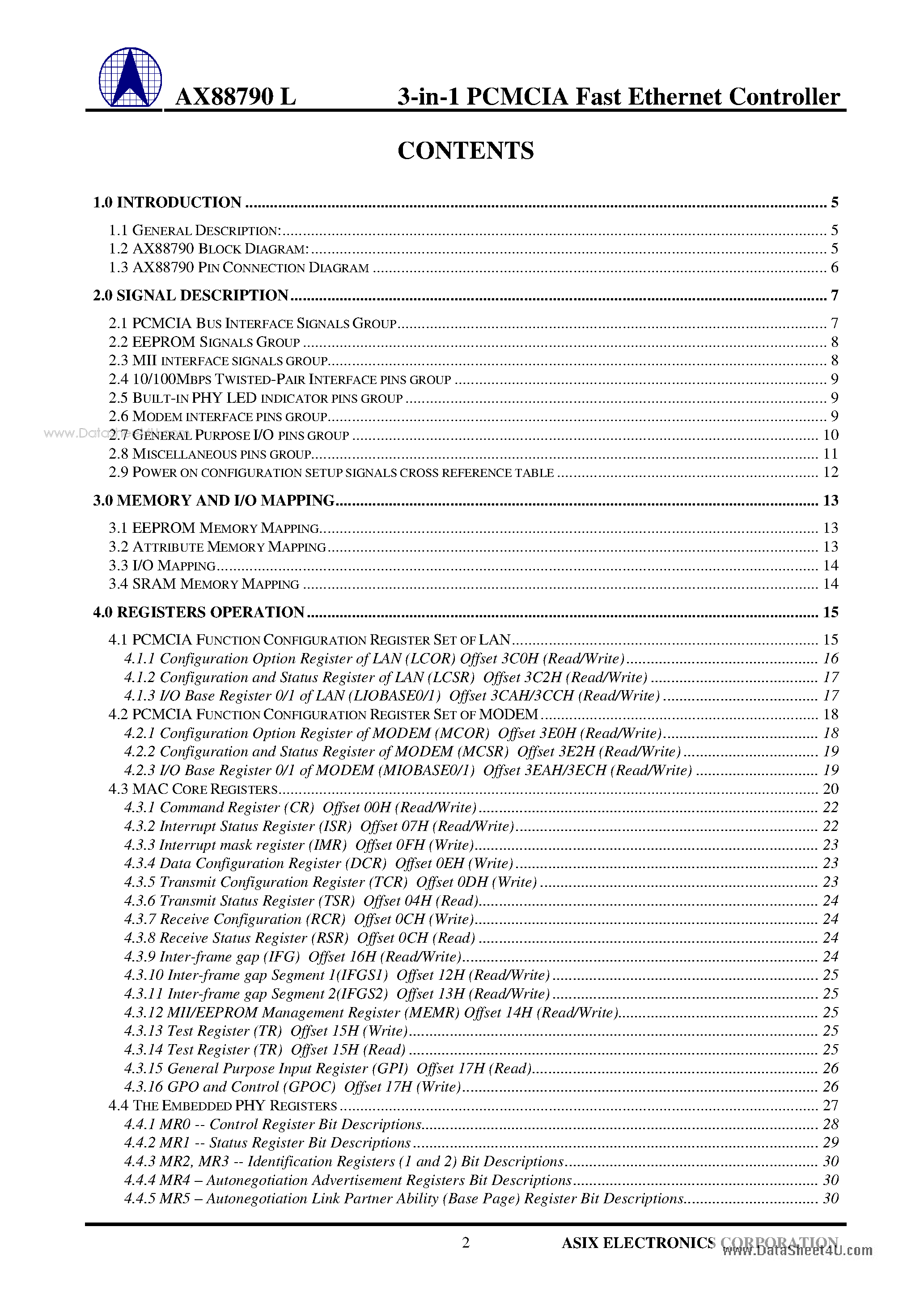 Datasheet AX88790L page 2 Datasheet AX88790L - 10/100BASE 3-in-1 PCMCIA Fast Ethernet Controller page 2