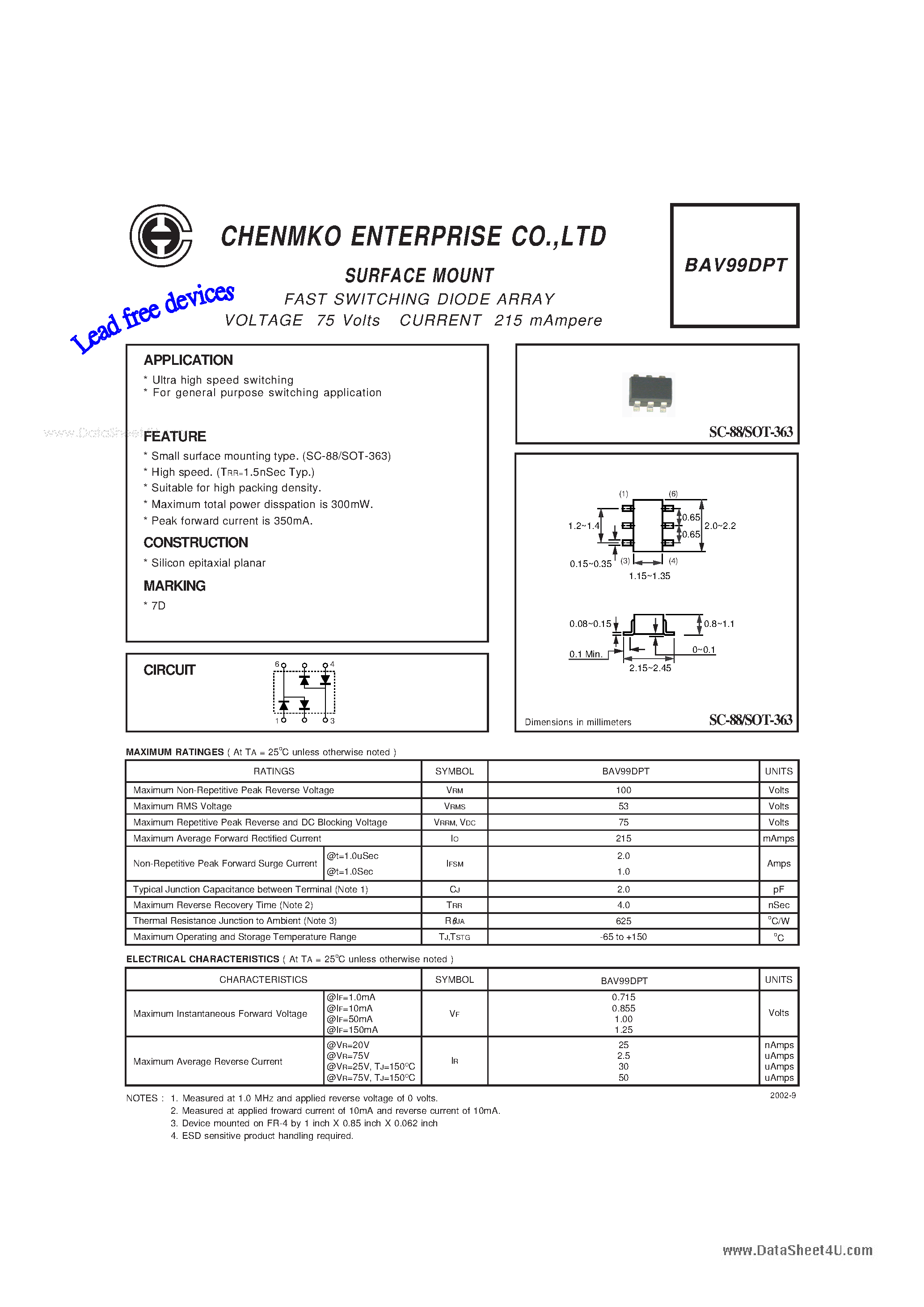 Datasheet BAV99DPT page 1 Datasheet BAV99DPT - FAST SWITCHING DIODE ARRAY page 1