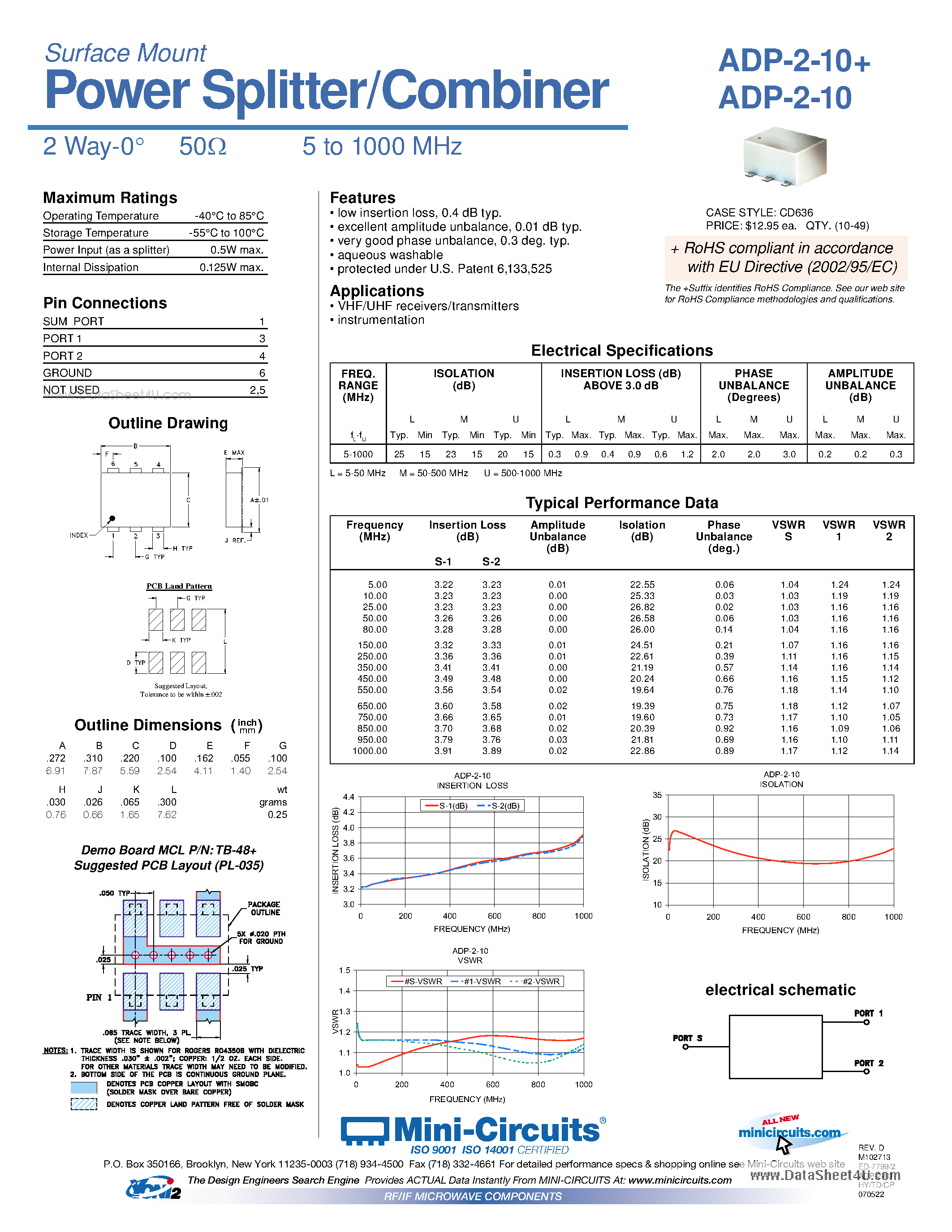Даташит на микросхему ADP-2-10 страница 1 Даташит ADP-2-10 - Power Splitter/Combiner страница 1