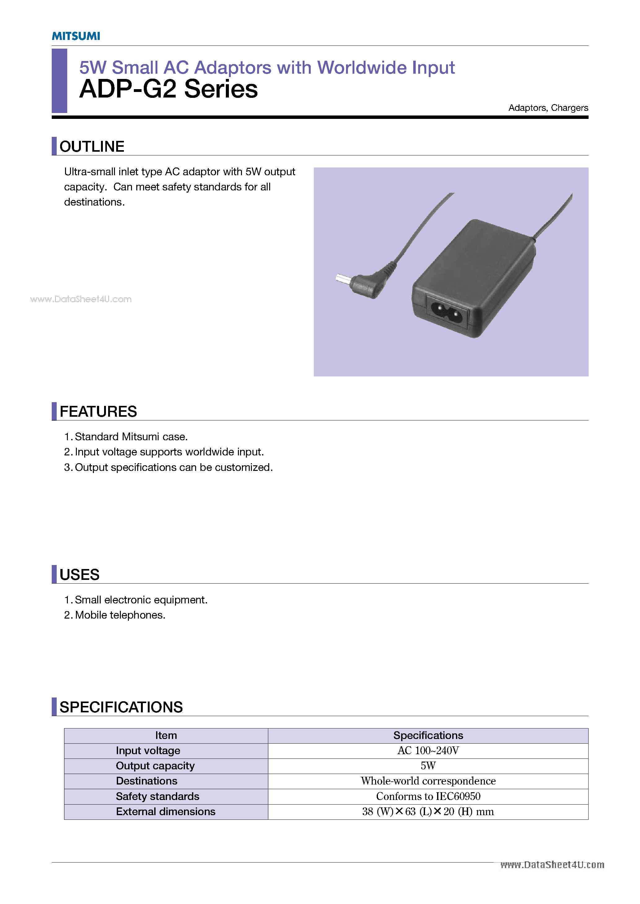Даташит ADP-G2 - 5W Small AC Adaptors страница 1