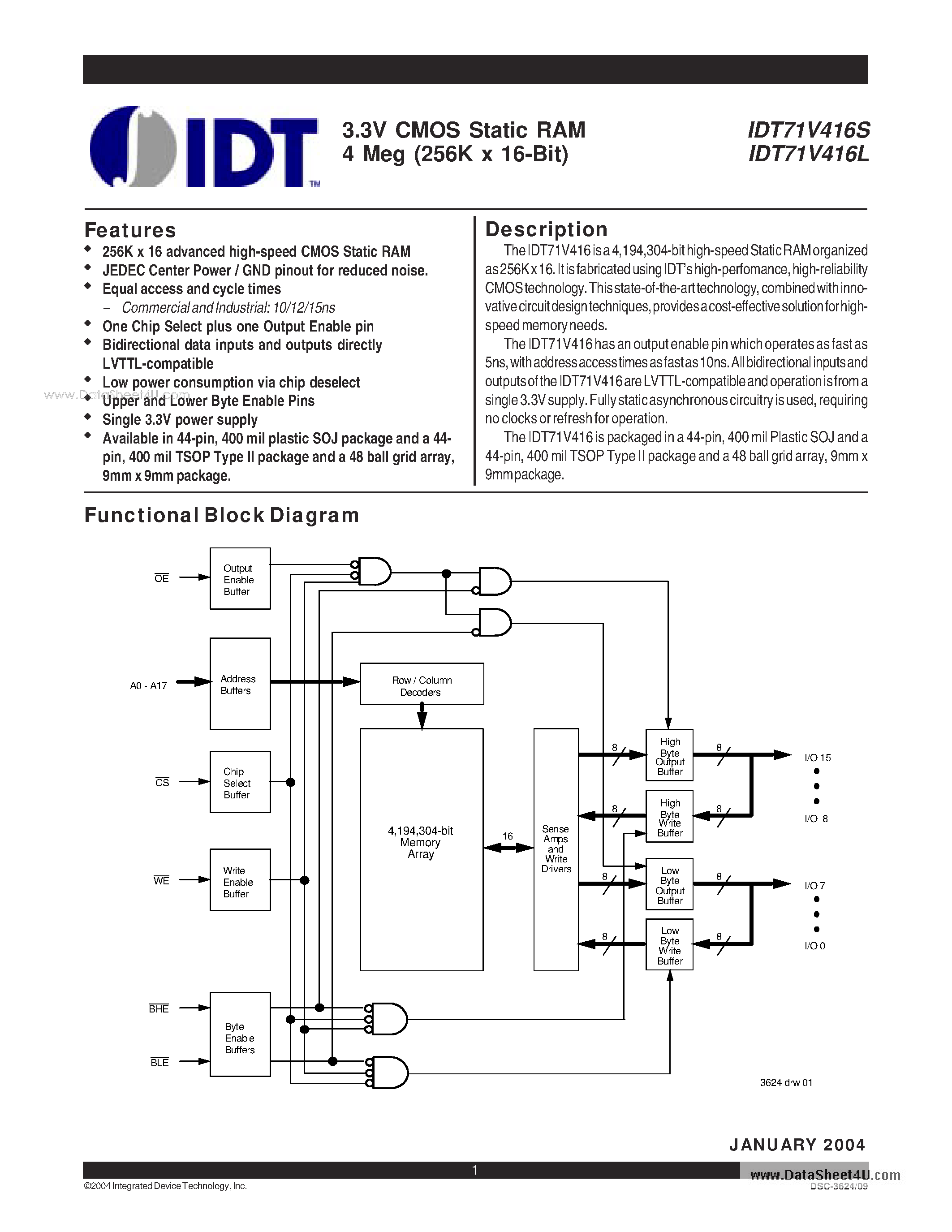 Даташит IDT71V416L - (IDT71V416L/S) .3V CMOS Static RAM 4 Meg страница 1