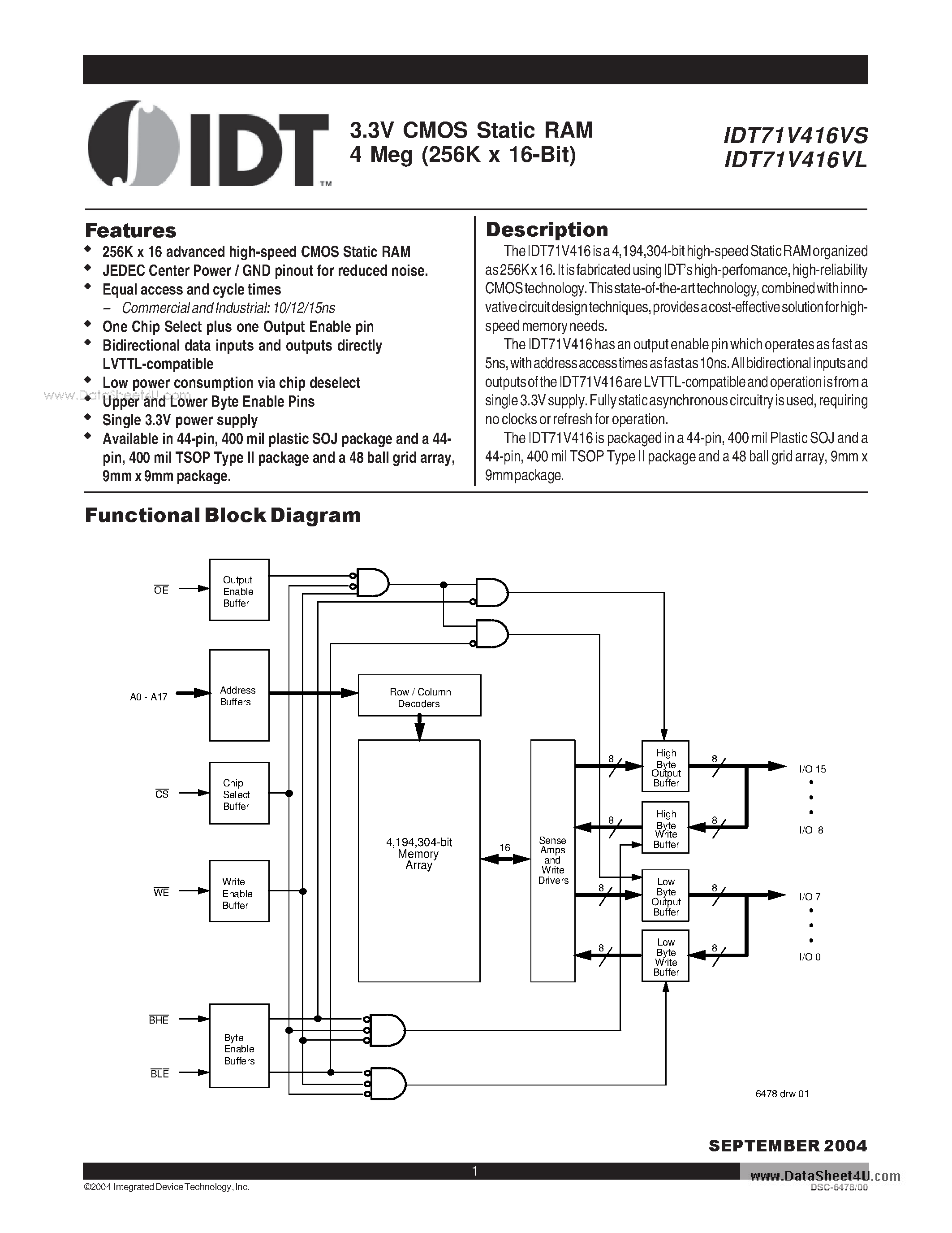 Даташит IDT71V416VL - (IDT71V416VL/VS) 3.3V CMOS Static RAM 4 Meg страница 1