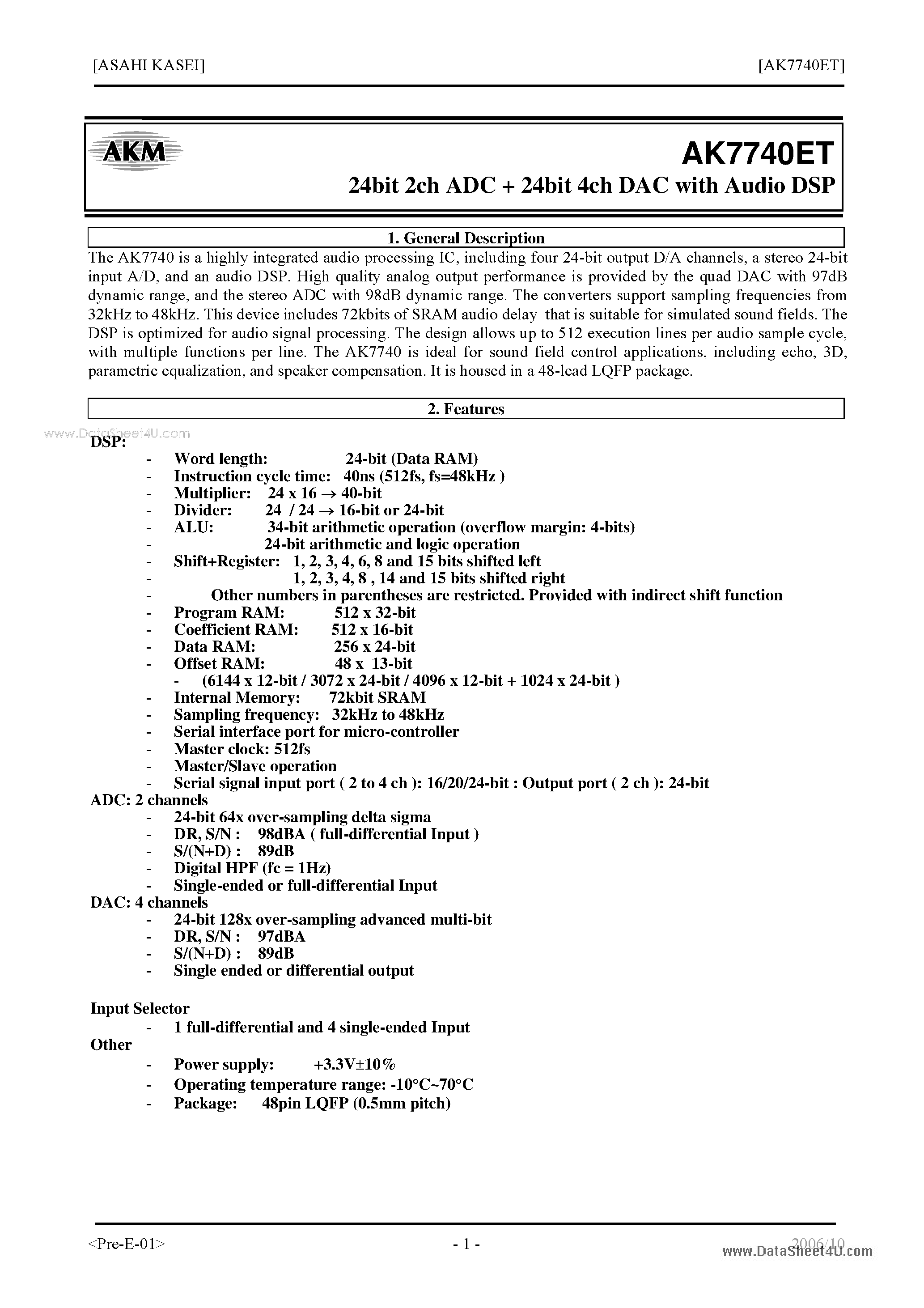 Datasheet AK7740ET - 24bit 2ch ADC + 24bit 4ch DAC page 1