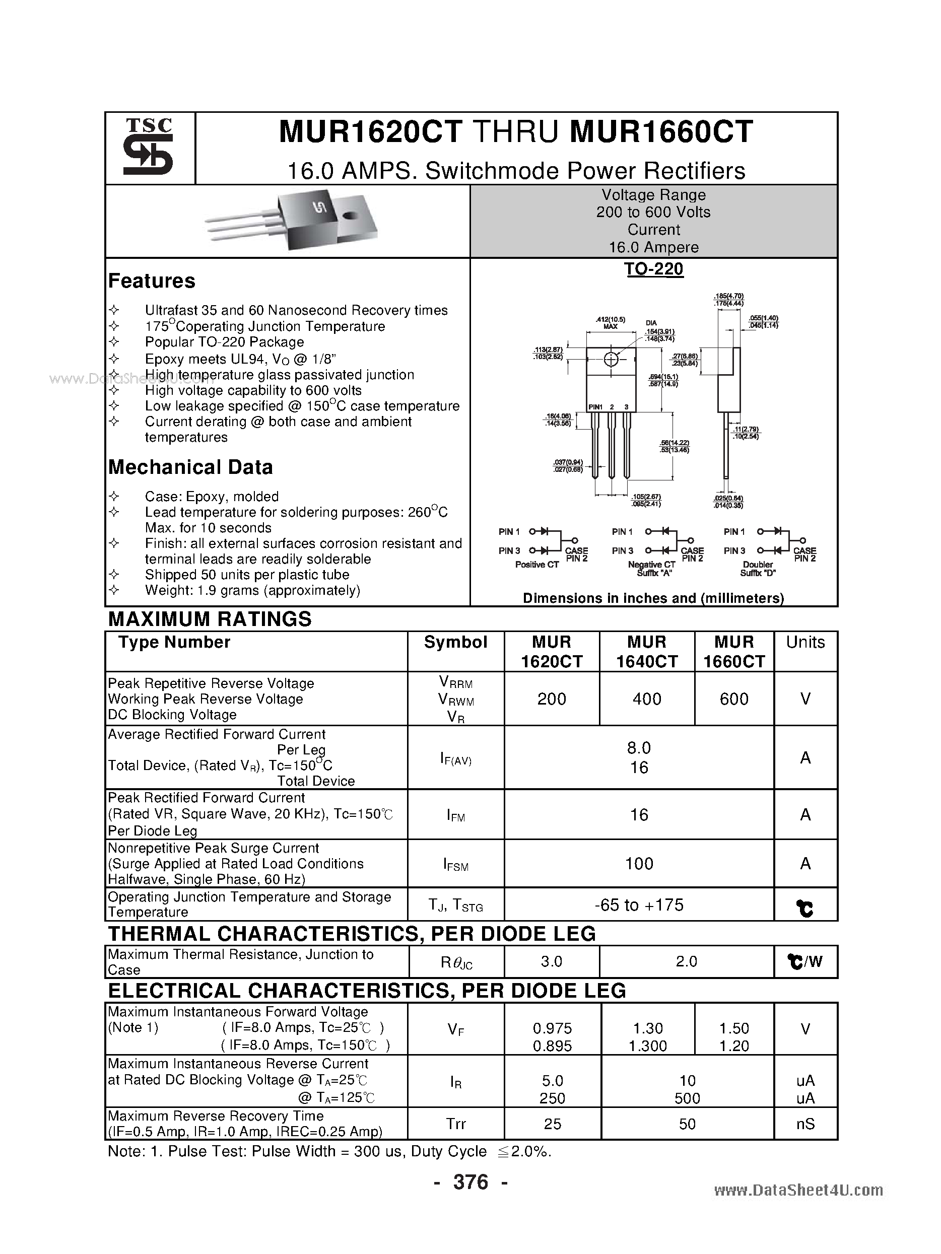 Datasheet MUR1620CT page 1 Datasheet MUR1620CT - (MUR1620CT - MUR1660CT) Switchmode Power Rectifiers page 1
