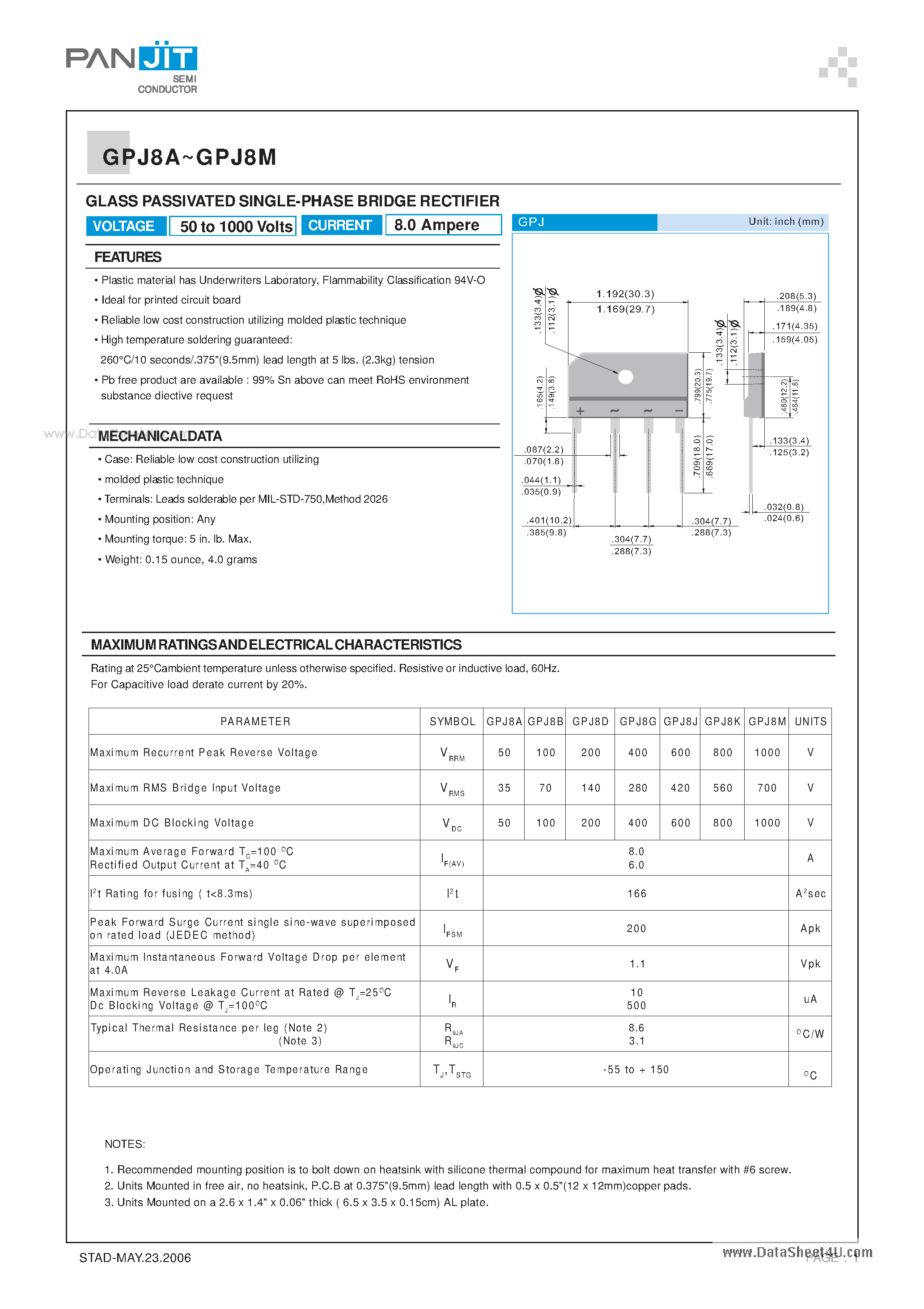 Datasheet GPJ8A page 1 Datasheet GPJ8A - GLASS PASSIVATED SINGLE-PHASE BRIDGE RECTIFIER page 1