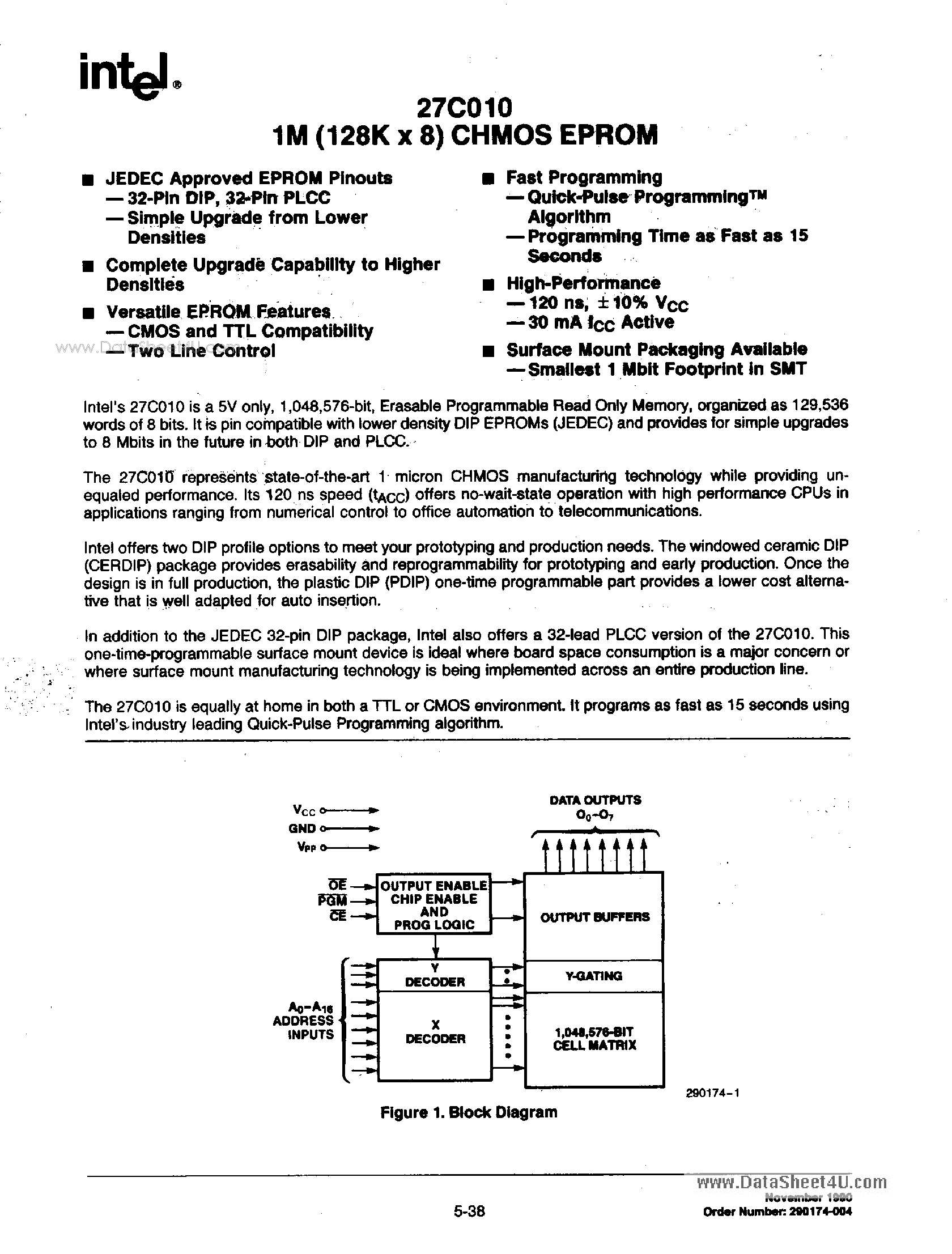 Datasheet TD27C010 page 1 Datasheet TD27C010 - 1M (128K x 8) CHMOS EPROM page 1